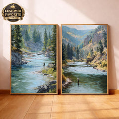Set of 2 Mountain River Wall Art, Fishing Landscape Framed Canvas Duo, Rustic Wilderness Nature Prints, Cabin Lodge Home Decor