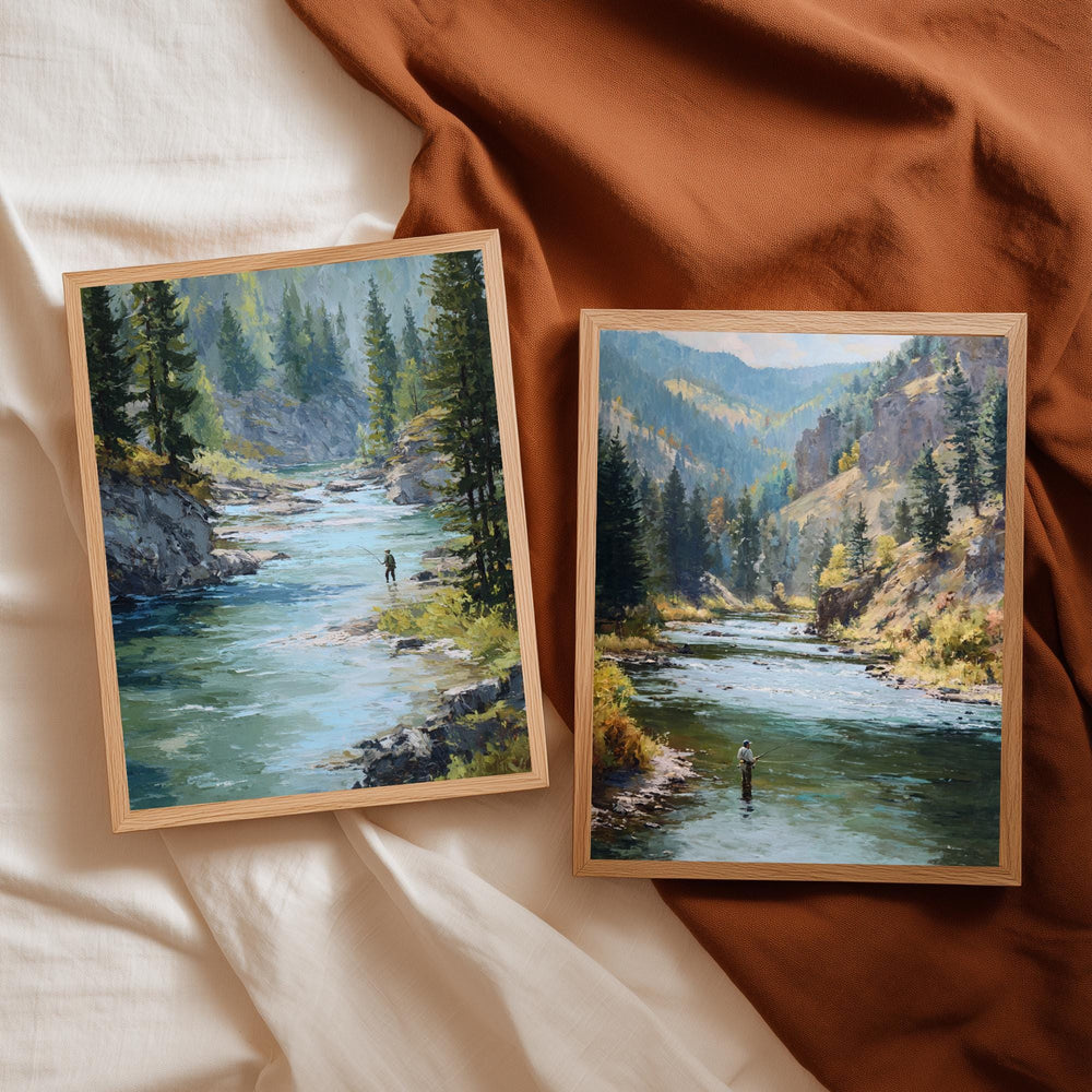 Set of 2 Mountain River Wall Art, Fishing Landscape Framed Canvas Duo, Rustic Wilderness Nature Prints, Cabin Lodge Home Decor