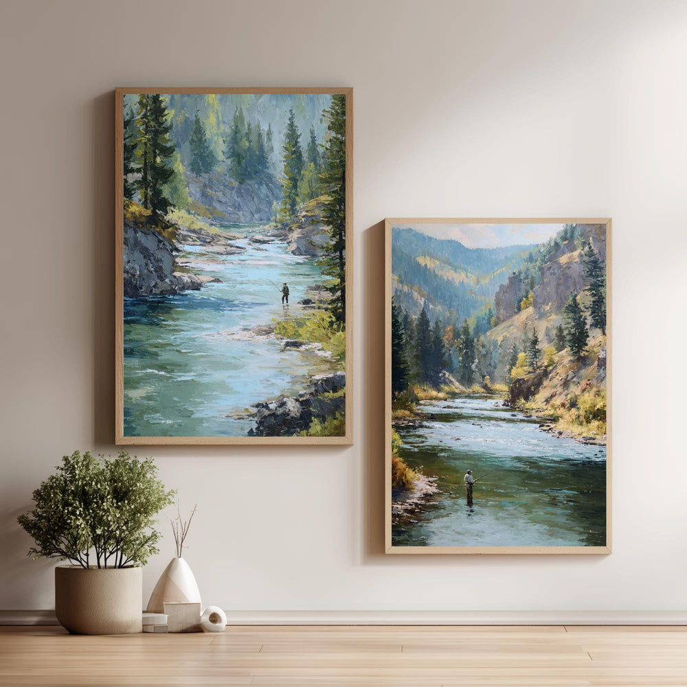 Set of 2 Mountain River Wall Art, Fishing Landscape Framed Canvas Duo, Rustic Wilderness Nature Prints, Cabin Lodge Home Decor