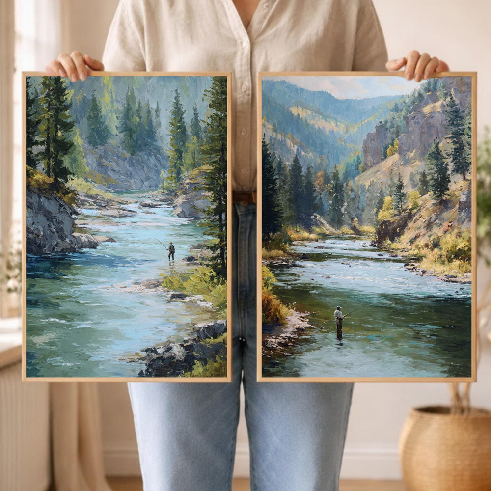 Set of 2 Mountain River Wall Art, Fishing Landscape Framed Canvas Duo, Rustic Wilderness Nature Prints, Cabin Lodge Home Decor