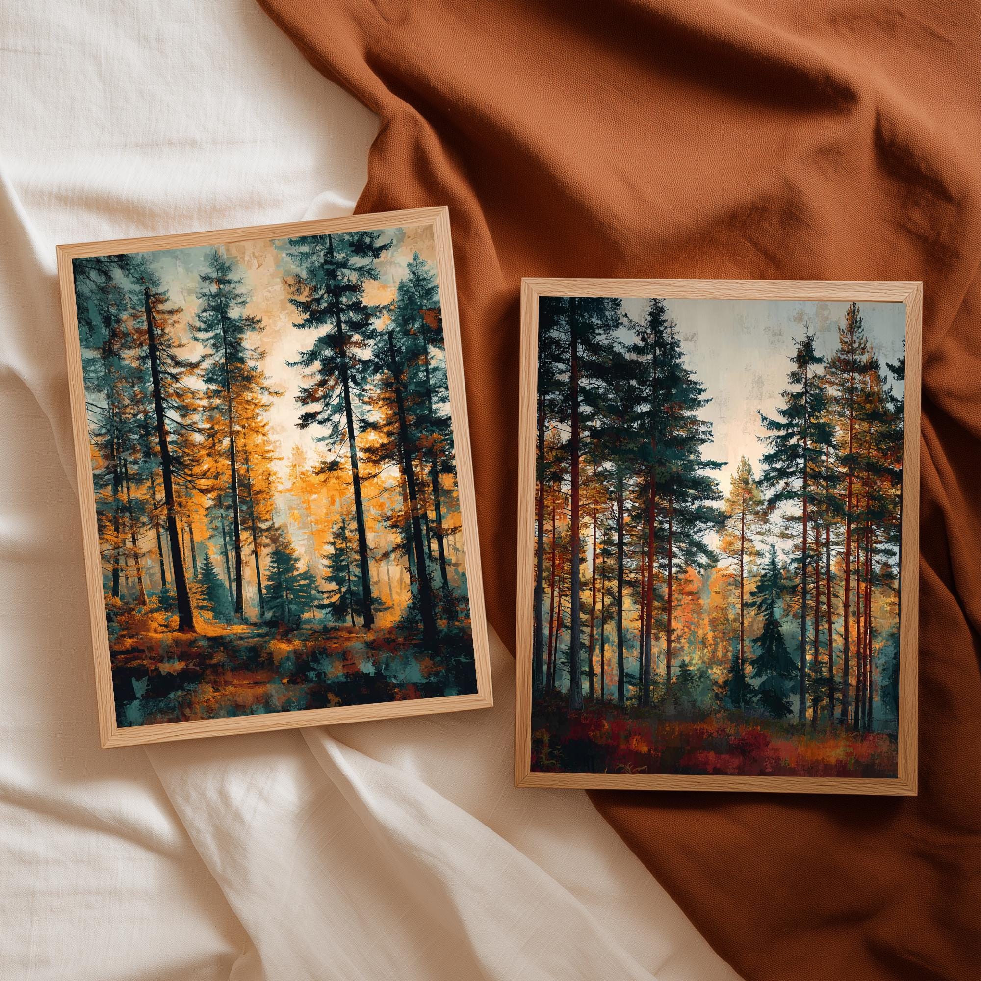 Set of 2 Autumn Forest Wall Art, Rustic Pine Tree Framed Canvas Duo, Fall Woodland Landscape Prints, Cozy Nature Home Decor