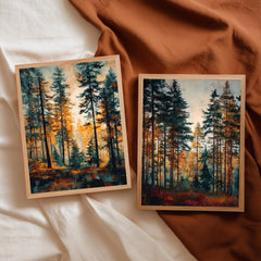 Set of 2 Autumn Forest Wall Art, Rustic Pine Tree Framed Canvas Duo, Fall Woodland Landscape Prints, Cozy Nature Home Decor