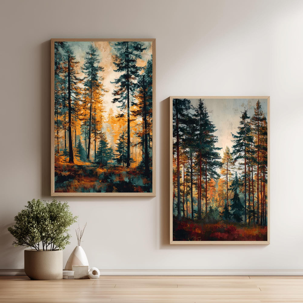 Set of 2 Autumn Forest Wall Art, Rustic Pine Tree Framed Canvas Duo, Fall Woodland Landscape Prints, Cozy Nature Home Decor