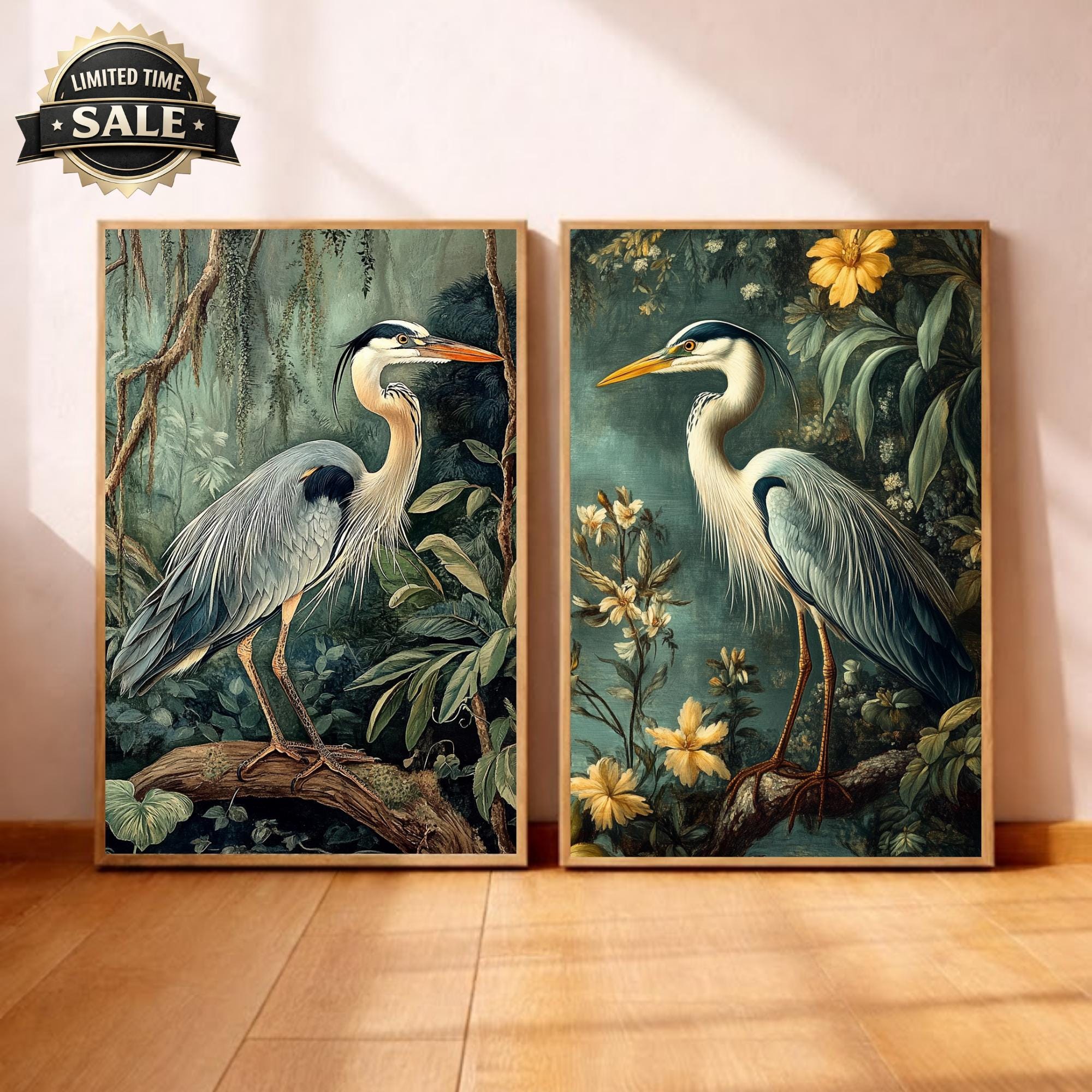 Set of 2 Botanical Heron Wall Art, Vintage Bird Framed Canvas Duo, Elegant Wildlife Nature Prints, Cottage Coastal Home Decor