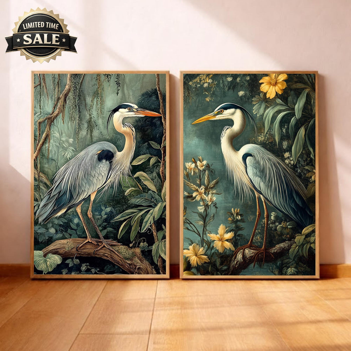 Set of 2 Botanical Heron Wall Art, Vintage Bird Framed Canvas Duo, Elegant Wildlife Nature Prints, Cottage Coastal Home Decor