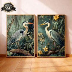 Set of 2 Botanical Heron Wall Art, Vintage Bird Framed Canvas Duo, Elegant Wildlife Nature Prints, Cottage Coastal Home Decor