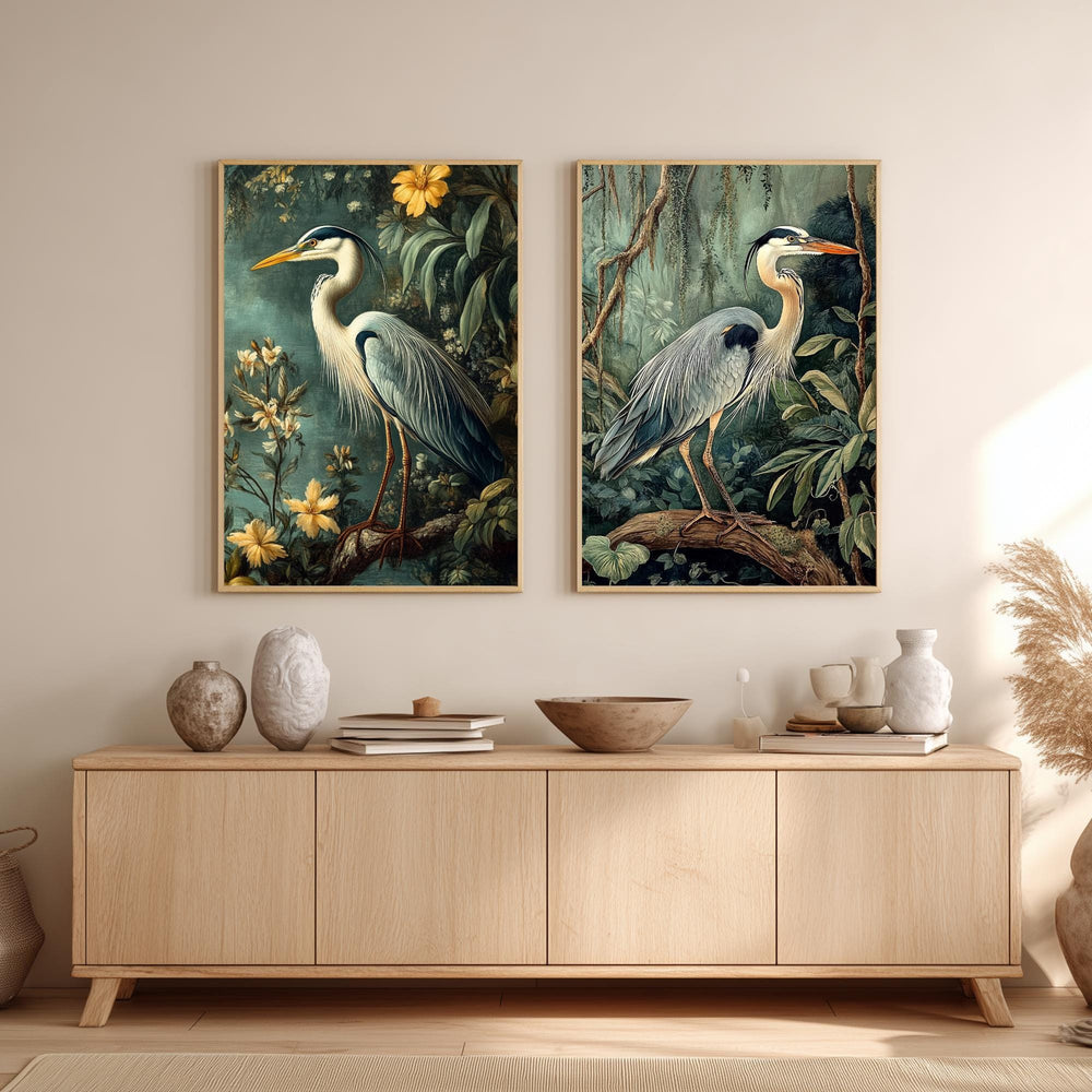 Set of 2 Botanical Heron Wall Art, Vintage Bird Framed Canvas Duo, Elegant Wildlife Nature Prints, Cottage Coastal Home Decor