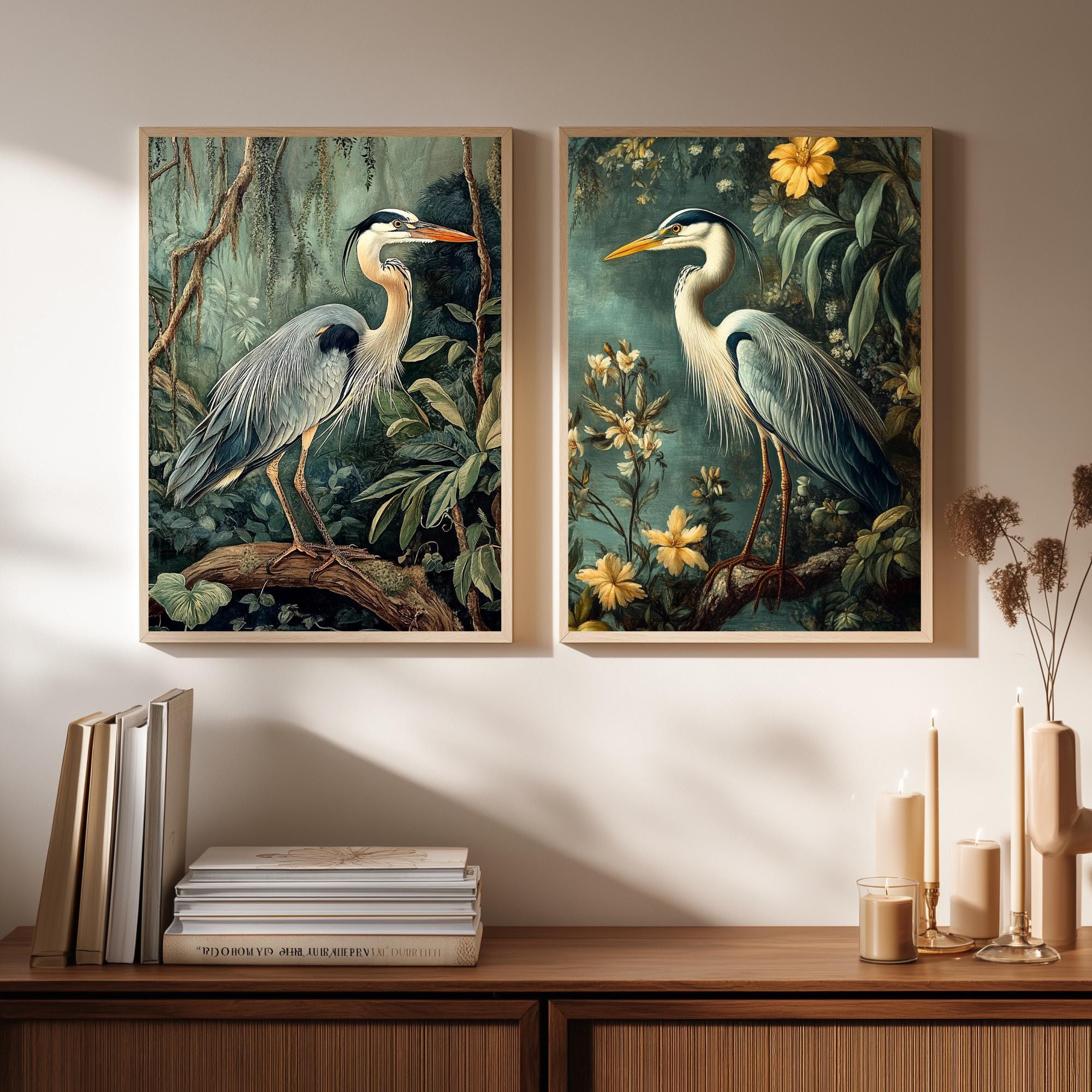 Set of 2 Botanical Heron Wall Art, Vintage Bird Framed Canvas Duo, Elegant Wildlife Nature Prints, Cottage Coastal Home Decor