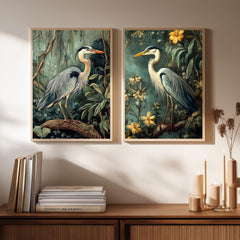 Set of 2 Botanical Heron Wall Art, Vintage Bird Framed Canvas Duo, Elegant Wildlife Nature Prints, Cottage Coastal Home Decor