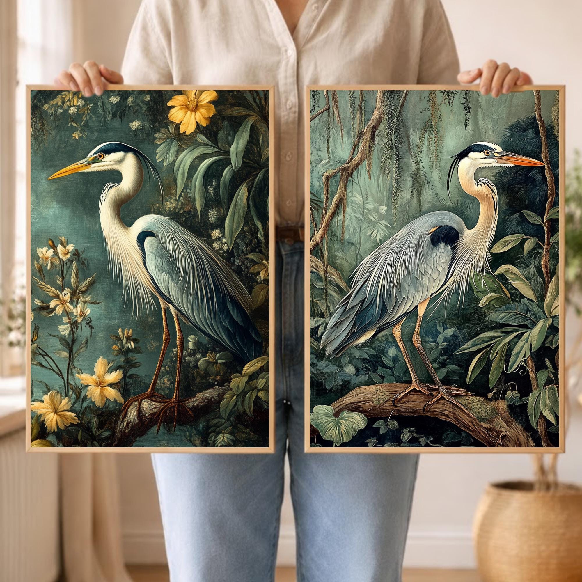 Set of 2 Botanical Heron Wall Art, Vintage Bird Framed Canvas Duo, Elegant Wildlife Nature Prints, Cottage Coastal Home Decor