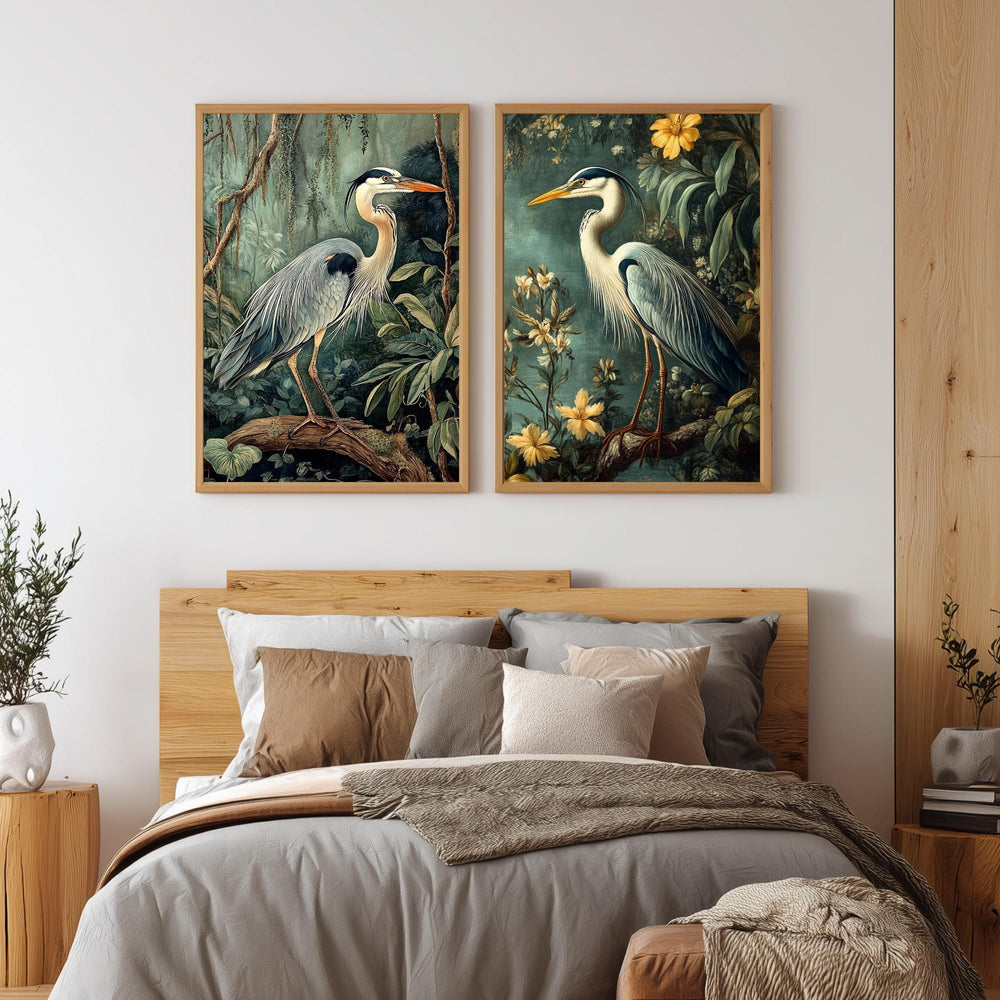 Set of 2 Botanical Heron Wall Art, Vintage Bird Framed Canvas Duo, Elegant Wildlife Nature Prints, Cottage Coastal Home Decor