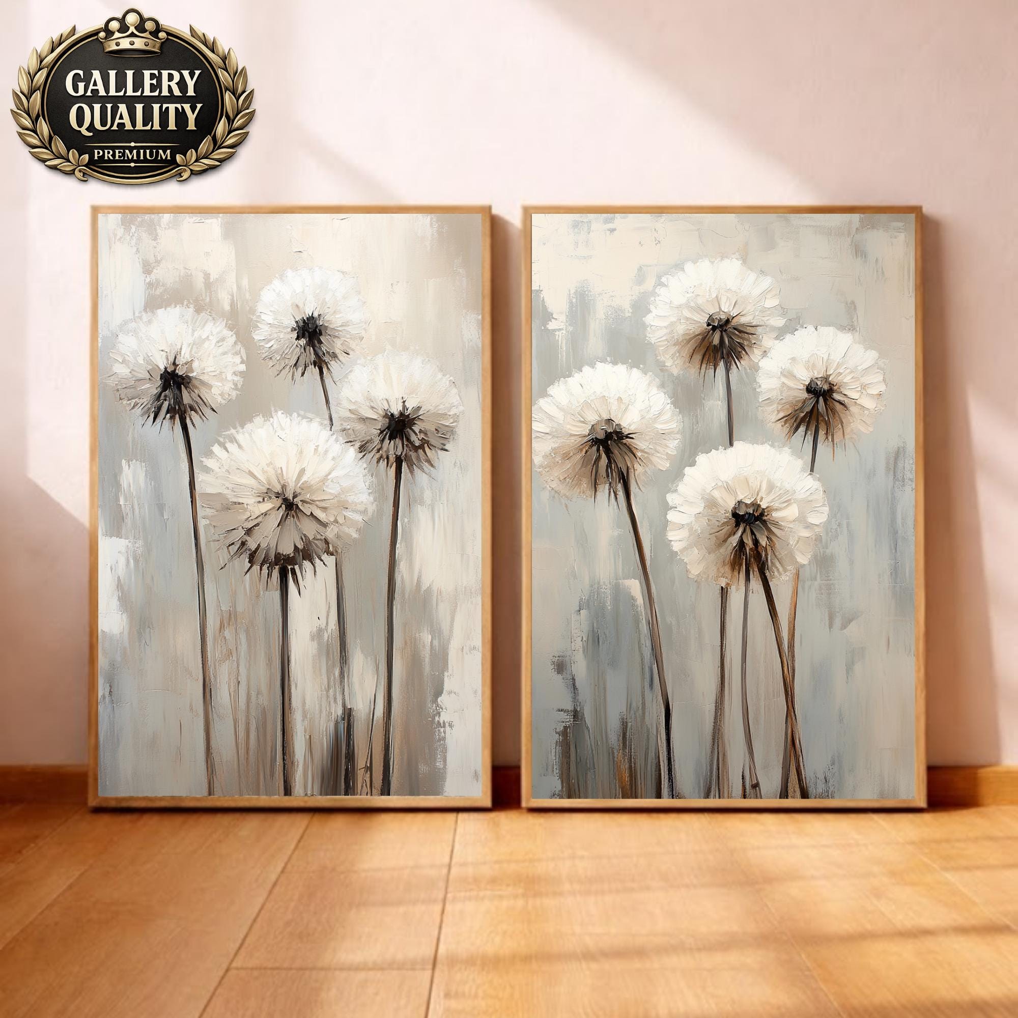 Set of 2 Neutral Dandelion Wall Art Set, Minimal Floral Framed Canvas Duo, Beige Botanical Artwork Prints, Modern Home Decor