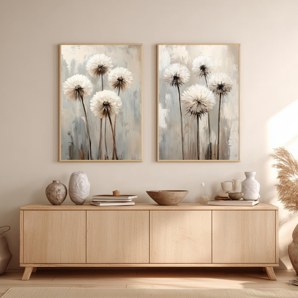 Set of 2 Neutral Dandelion Wall Art Set, Minimal Floral Framed Canvas Duo, Beige Botanical Artwork Prints, Modern Home Decor