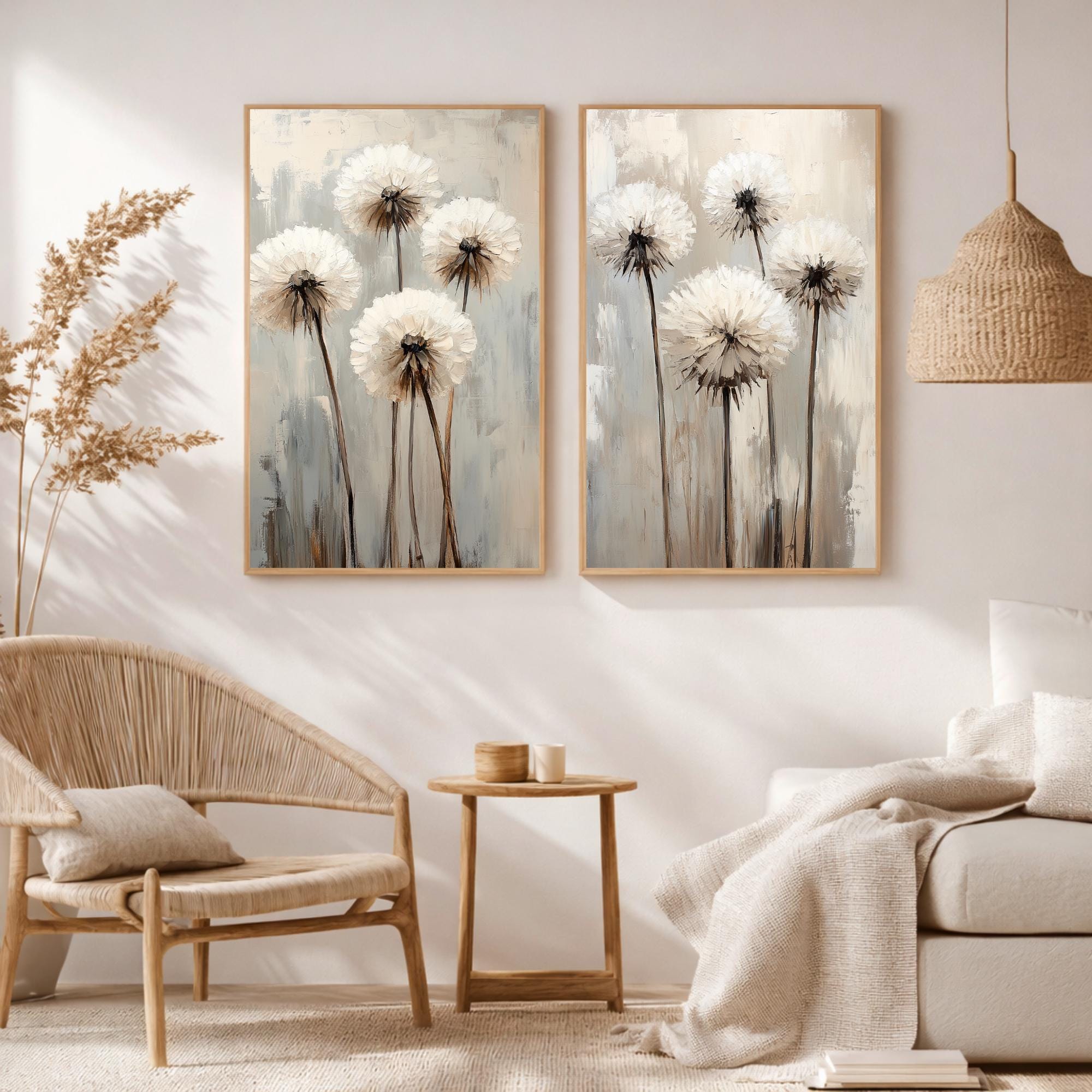 Set of 2 Neutral Dandelion Wall Art Set, Minimal Floral Framed Canvas Duo, Beige Botanical Artwork Prints, Modern Home Decor