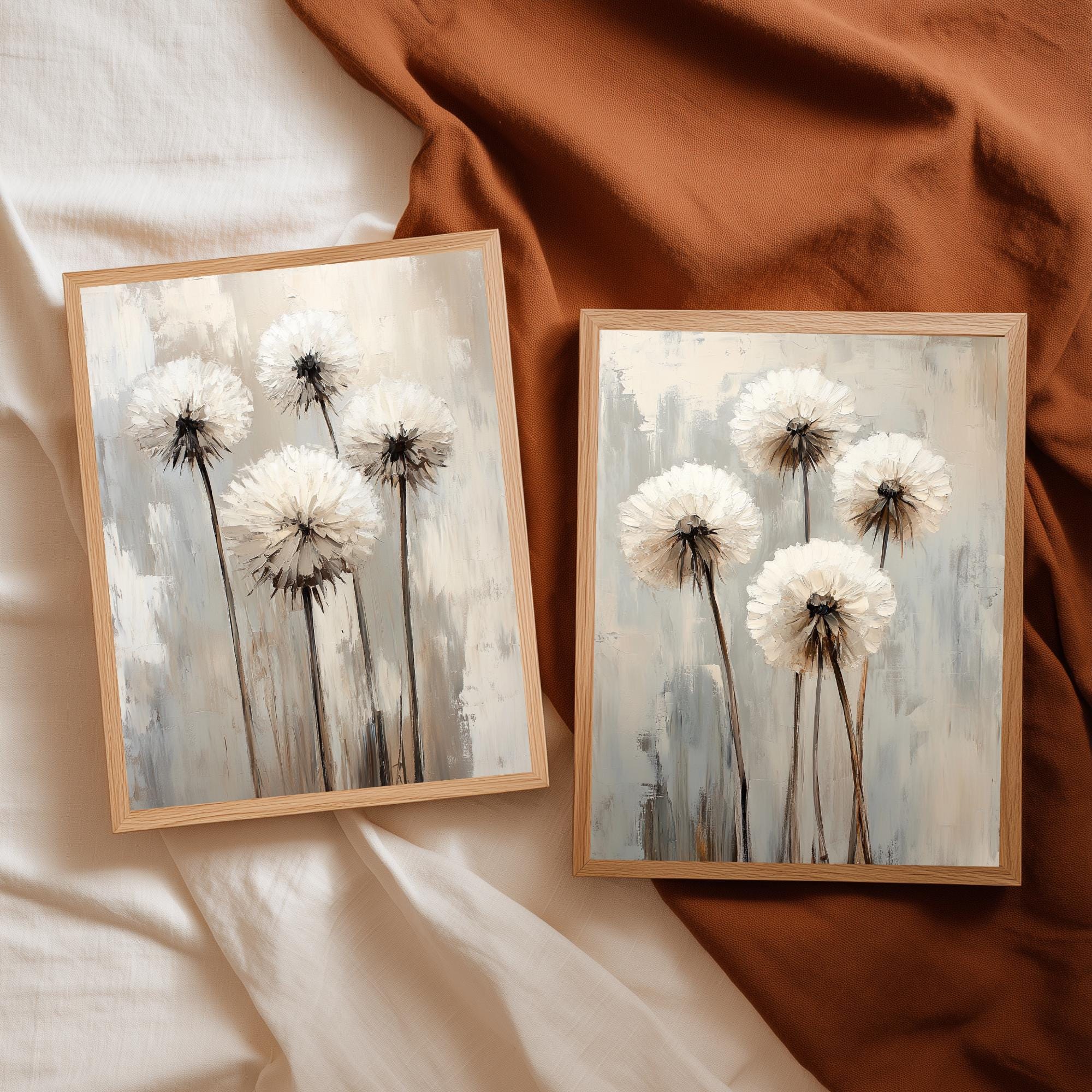 Set of 2 Neutral Dandelion Wall Art Set, Minimal Floral Framed Canvas Duo, Beige Botanical Artwork Prints, Modern Home Decor