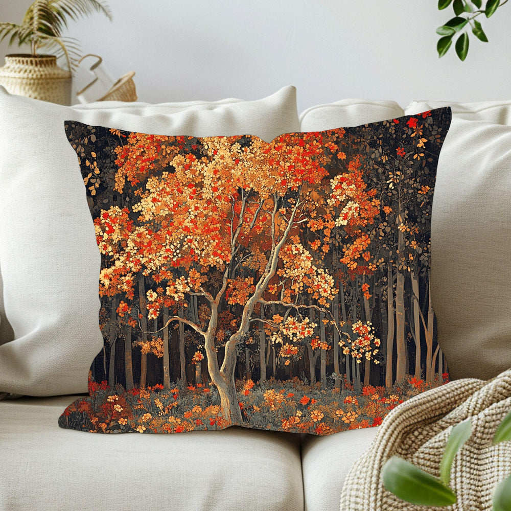 Rustic Autumn Tree Throw Pillow, Fall Forest Cushion Cover, Cottagecore Woodland Pillowcase, Farmhouse Nature Accent Decor