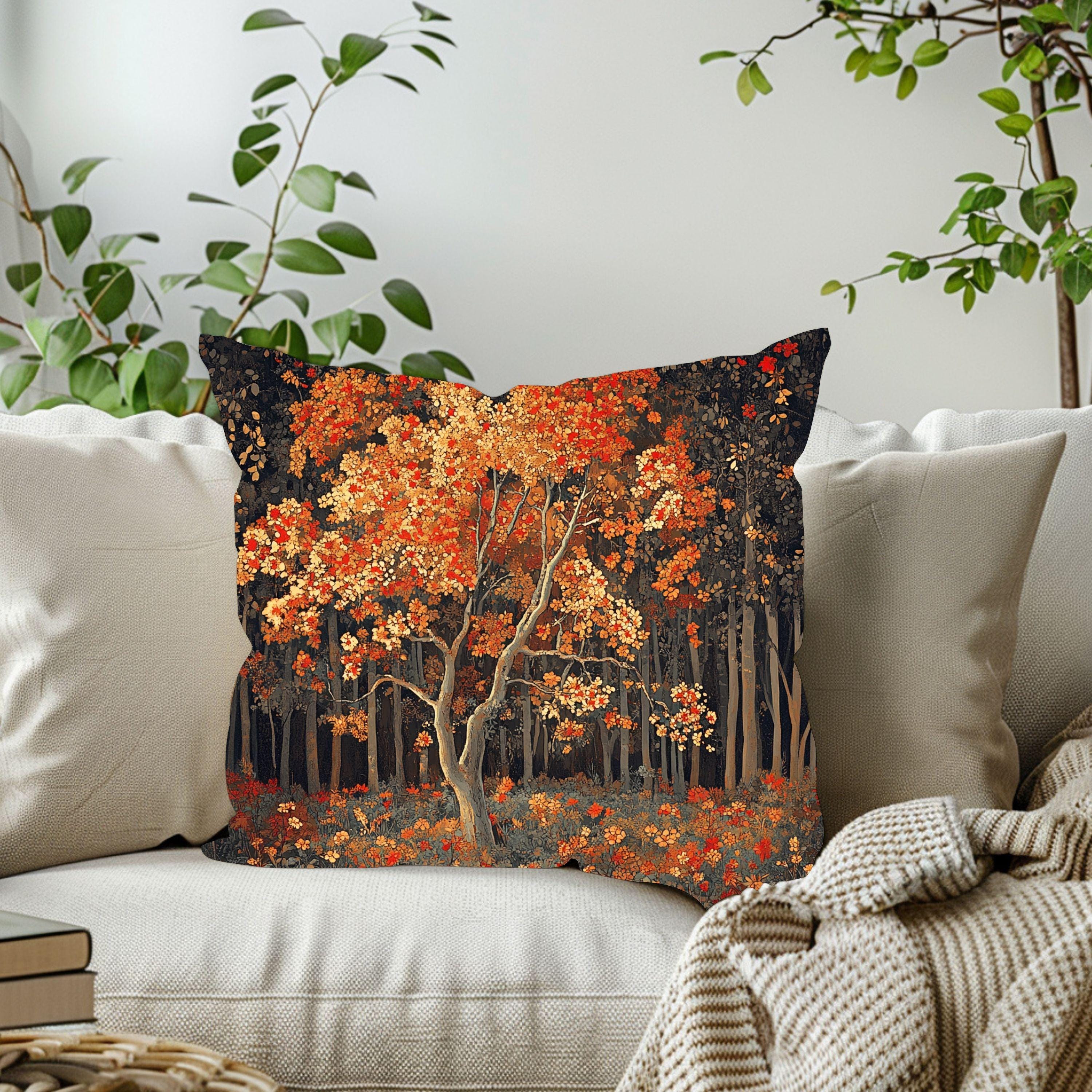 Rustic Autumn Tree Throw Pillow, Fall Forest Cushion Cover, Cottagecore Woodland Pillowcase, Farmhouse Nature Accent Decor