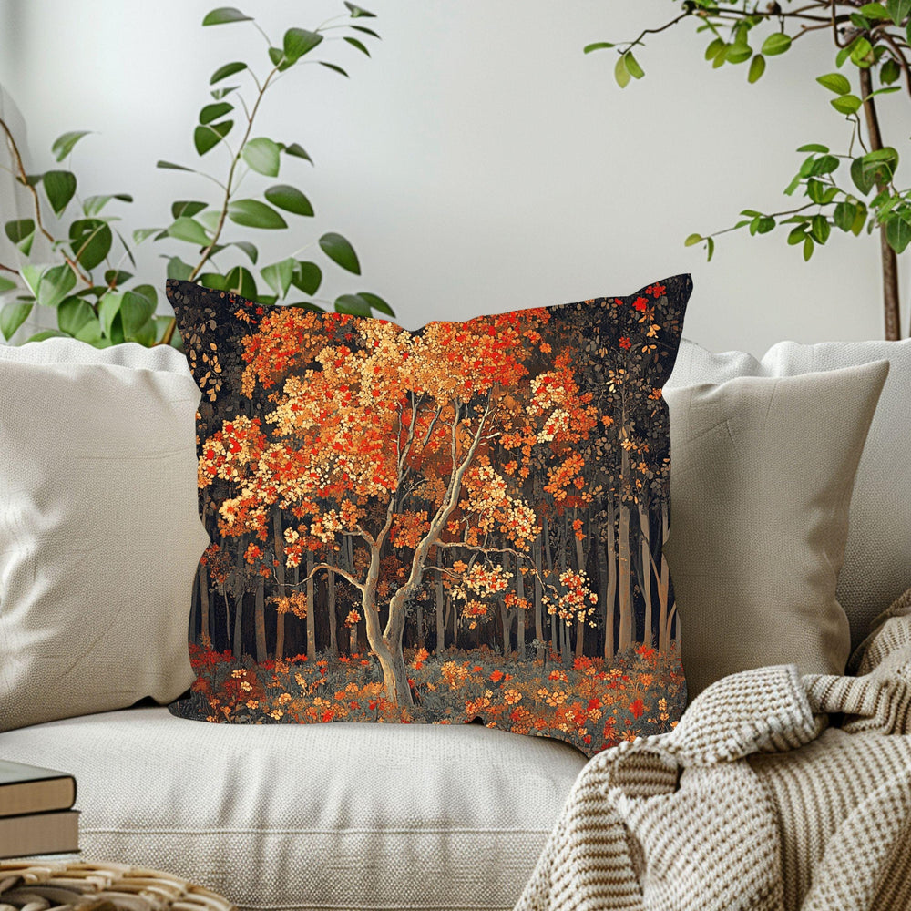 Rustic Autumn Tree Throw Pillow, Fall Forest Cushion Cover, Cottagecore Woodland Pillowcase, Farmhouse Nature Accent Decor