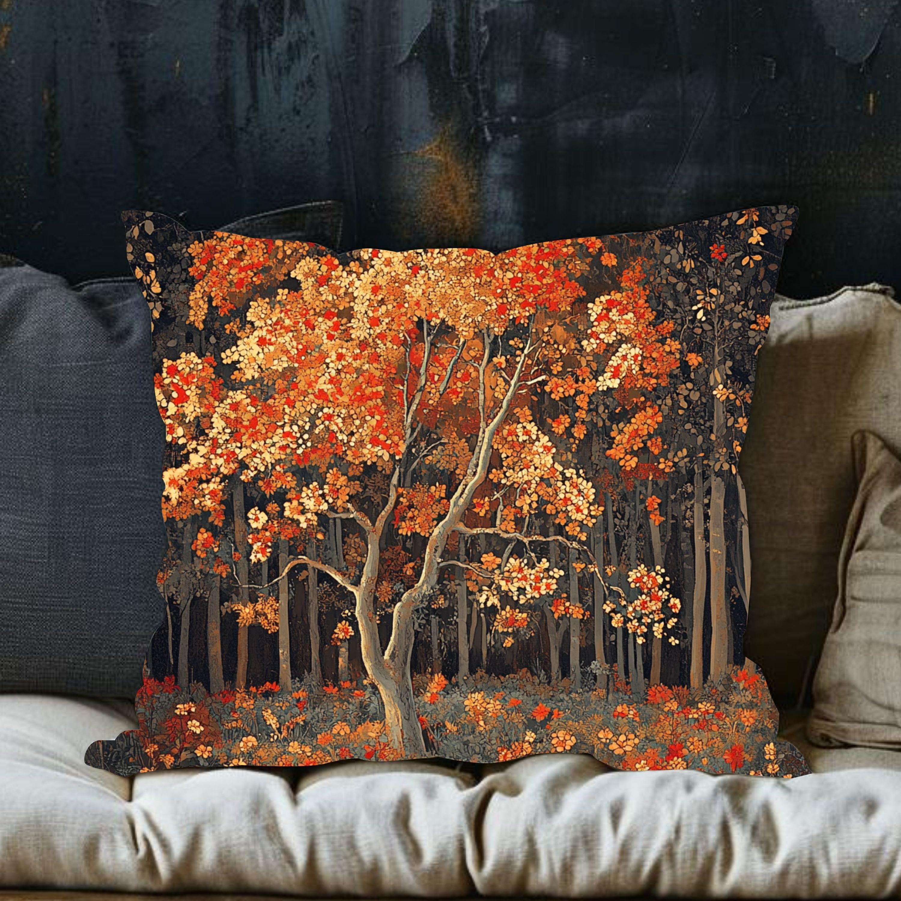 Rustic Autumn Tree Throw Pillow, Fall Forest Cushion Cover, Cottagecore Woodland Pillowcase, Farmhouse Nature Accent Decor