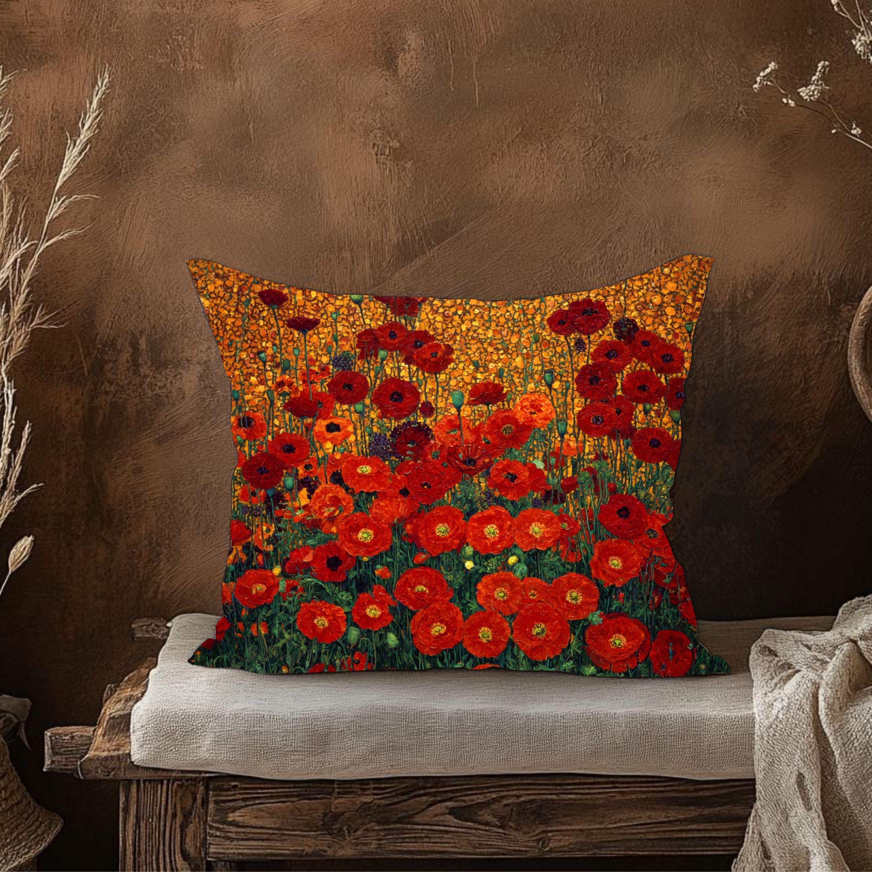 Red Poppy Throw Pillow, Vintage Floral Cushion Cover, Bold Botanical Flower Pillowcase, Cottagecore Farmhouse Accent Decor Gift