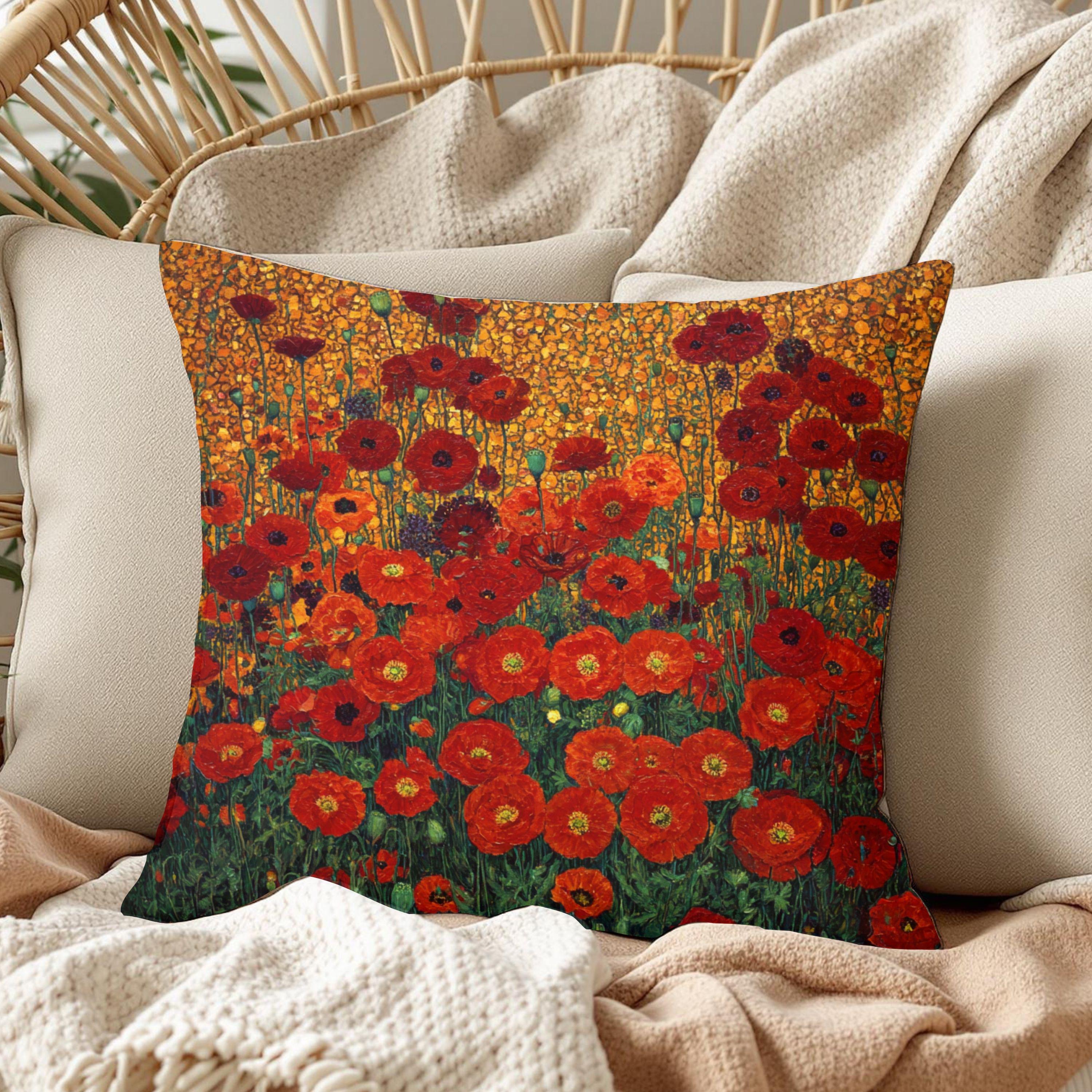 Red Poppy Throw Pillow, Vintage Floral Cushion Cover, Bold Botanical Flower Pillowcase, Cottagecore Farmhouse Accent Decor Gift