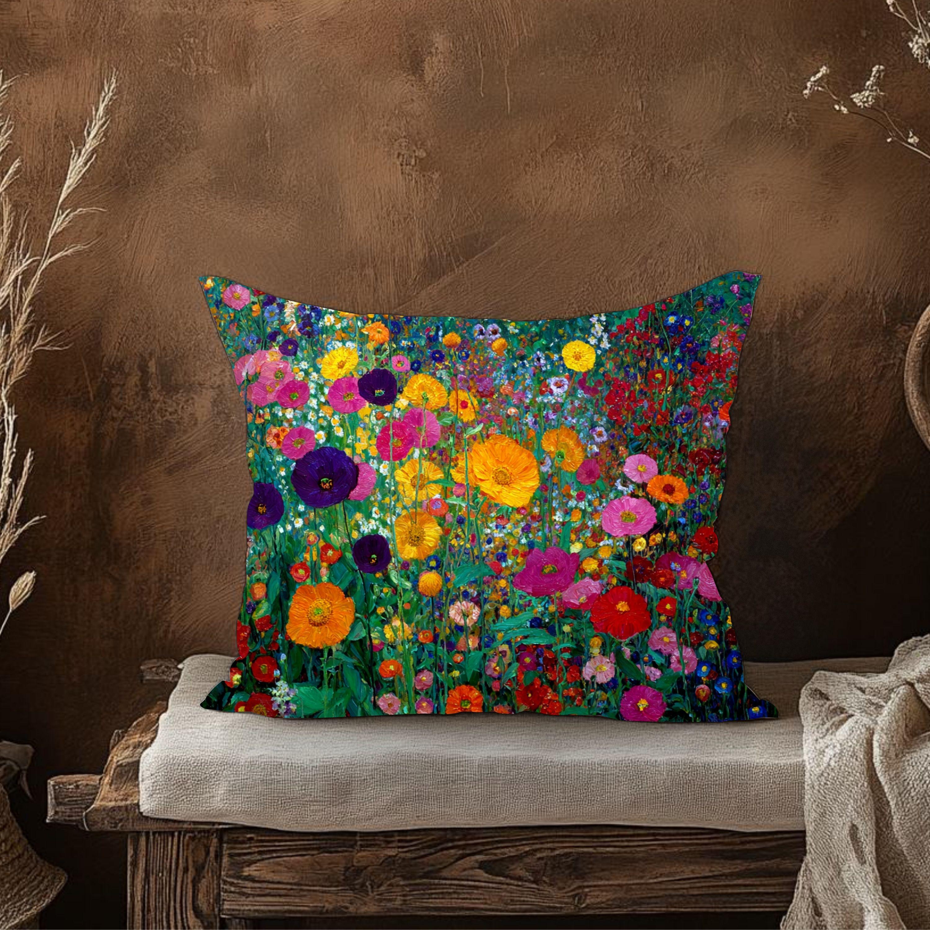 Wildflower Throw Pillow, Bright Floral Cushion Cover, Botanical Garden Pillowcase, Cottagecore Farmhouse Decor Accent