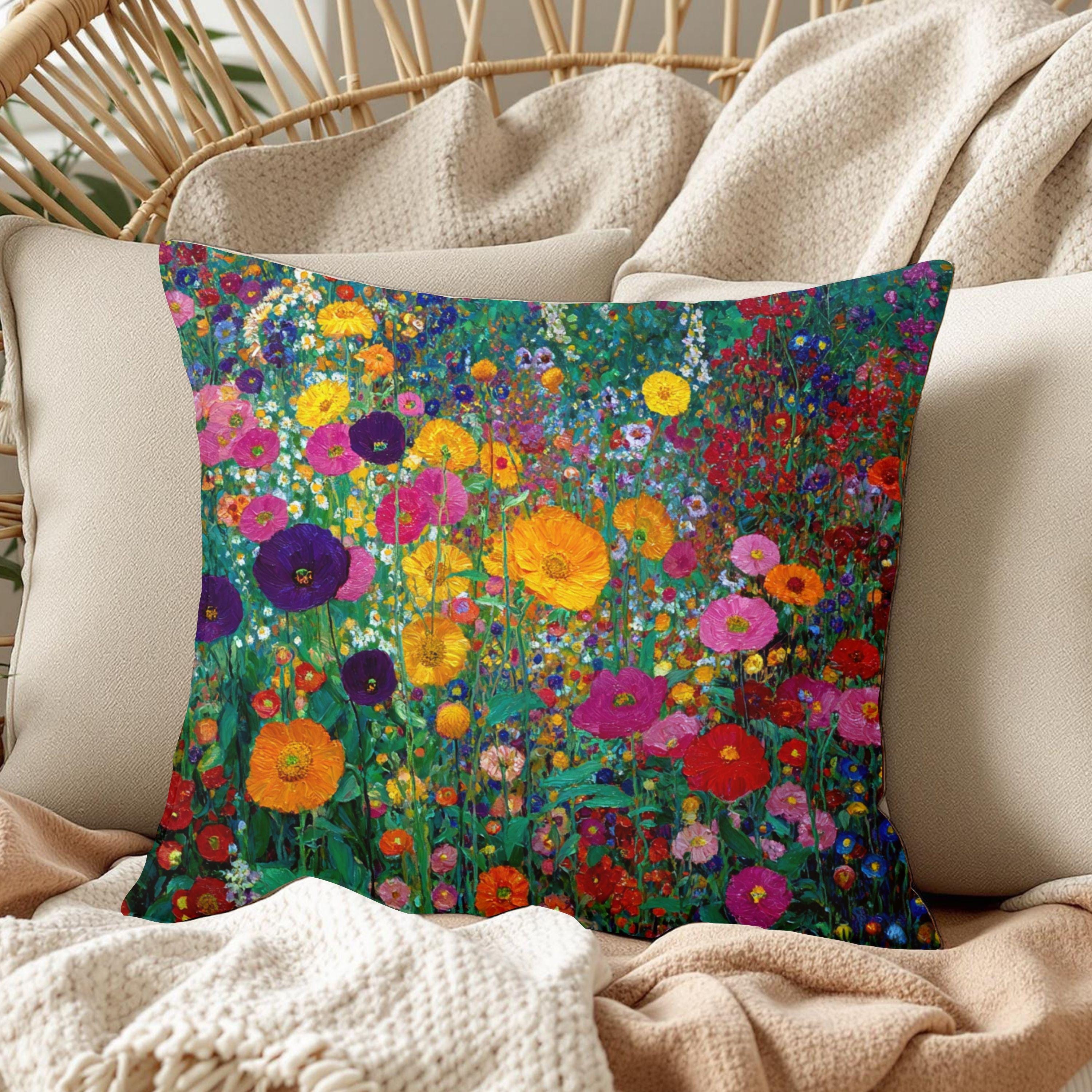Wildflower Throw Pillow, Bright Floral Cushion Cover, Botanical Garden Pillowcase, Cottagecore Farmhouse Decor Accent