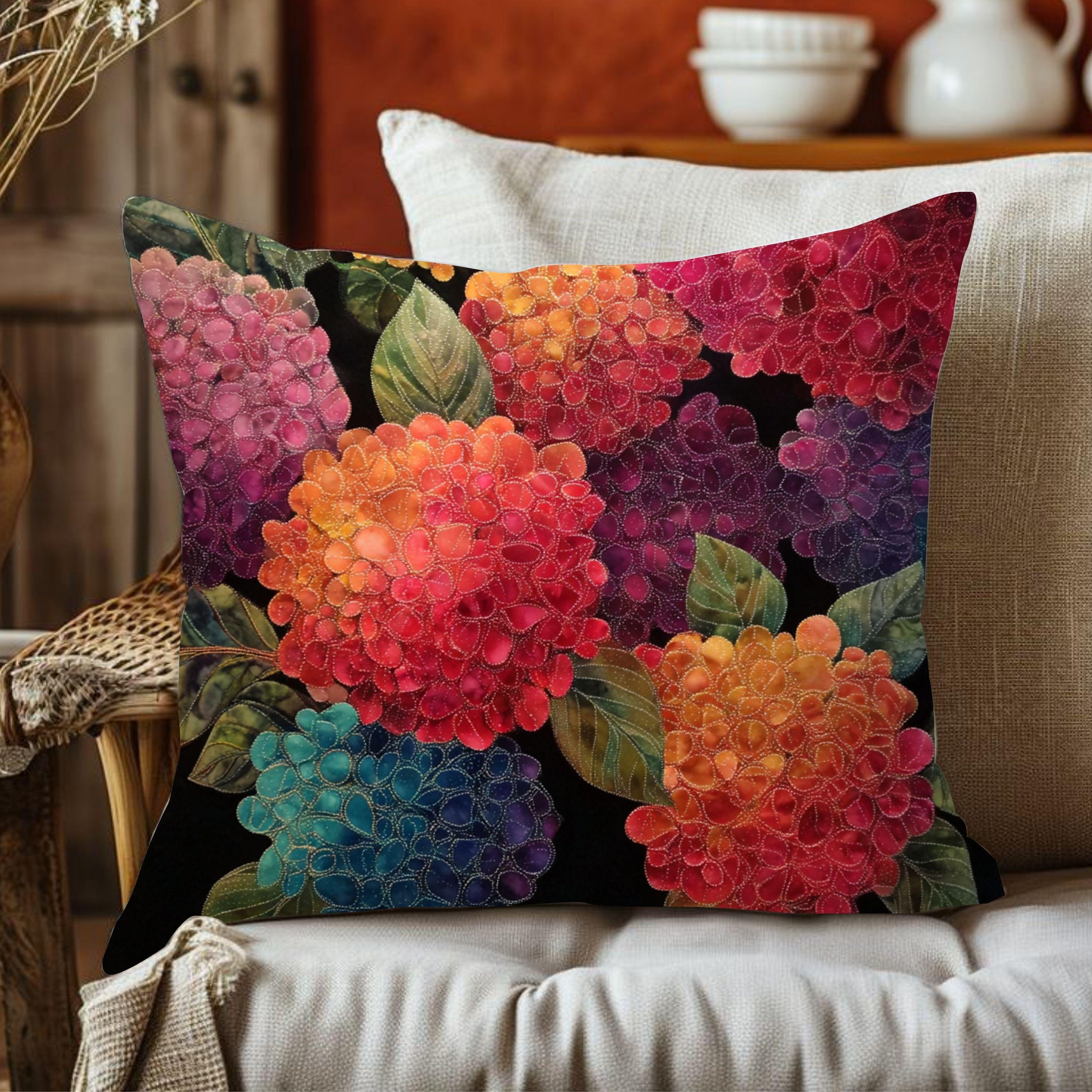 Hydrangea Throw Pillow, Embroidered Look Floral Cushion Cover, Colorful Botanical Pillowcase, Cottagecore Farmhouse Decor Accent