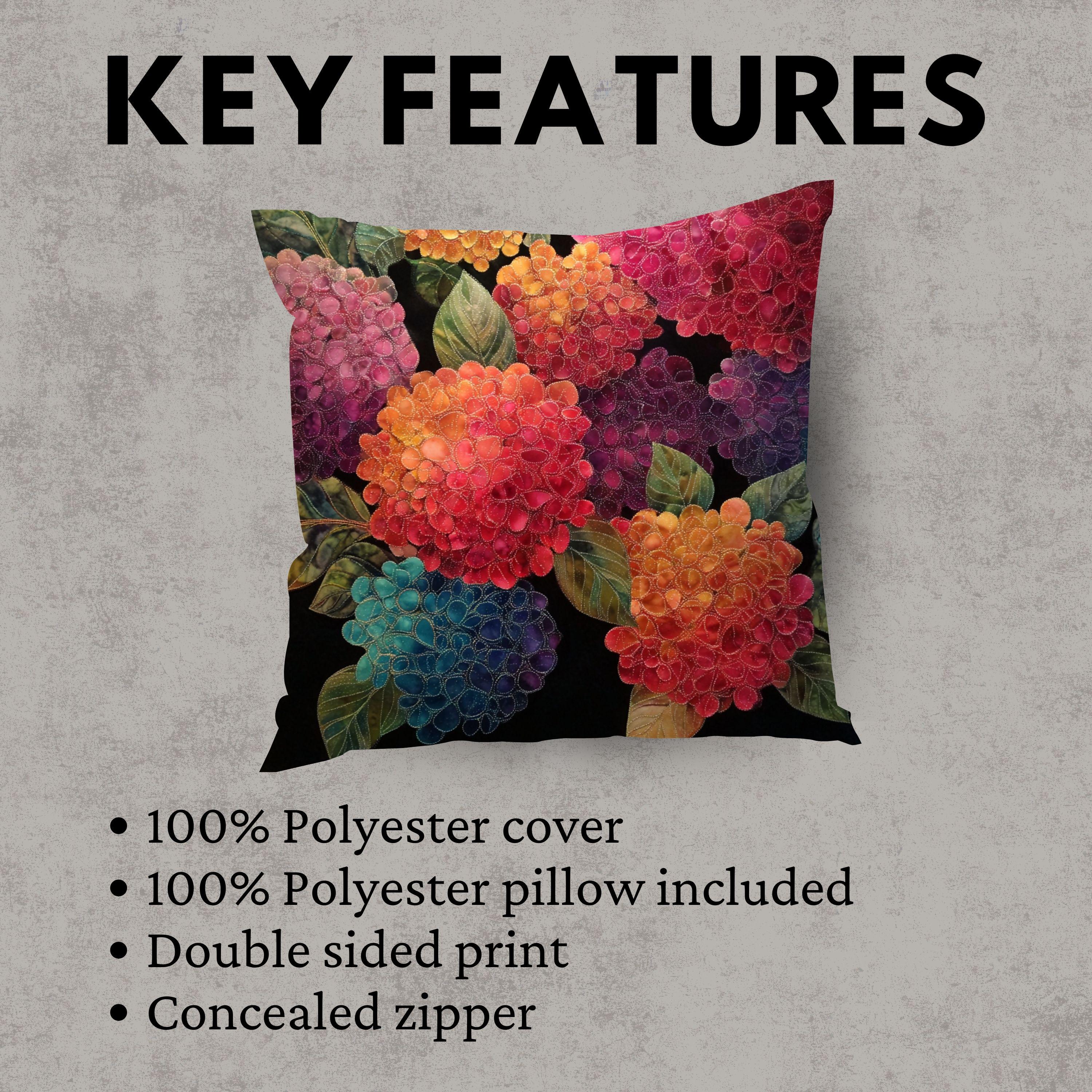 Hydrangea Throw Pillow, Embroidered Look Floral Cushion Cover, Colorful Botanical Pillowcase, Cottagecore Farmhouse Decor Accent