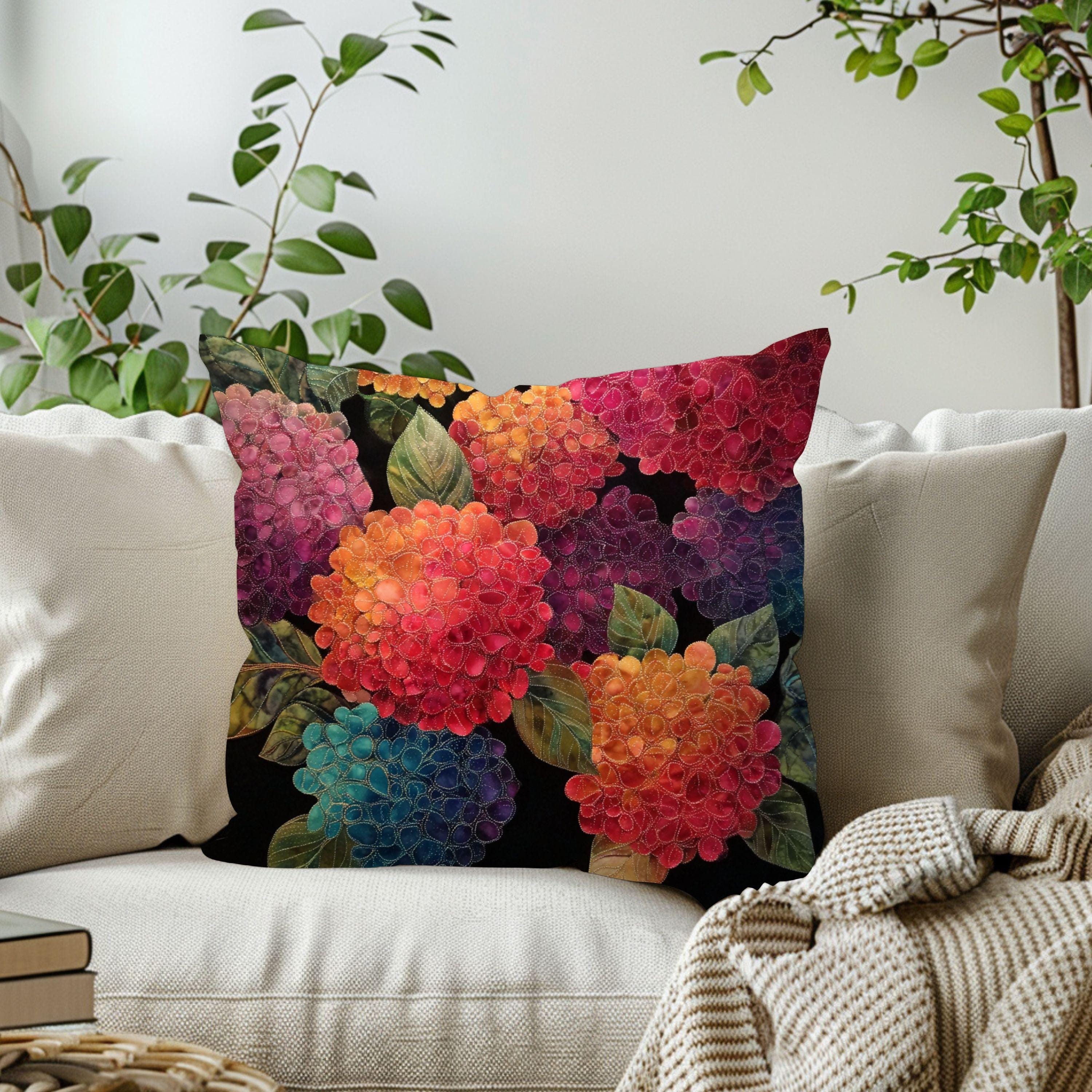 Hydrangea Throw Pillow, Embroidered Look Floral Cushion Cover, Colorful Botanical Pillowcase, Cottagecore Farmhouse Decor Accent