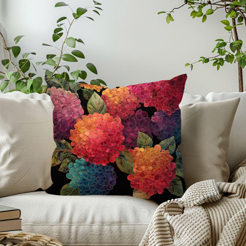 Hydrangea Throw Pillow, Embroidered Look Floral Cushion Cover, Colorful Botanical Pillowcase, Cottagecore Farmhouse Decor Accent