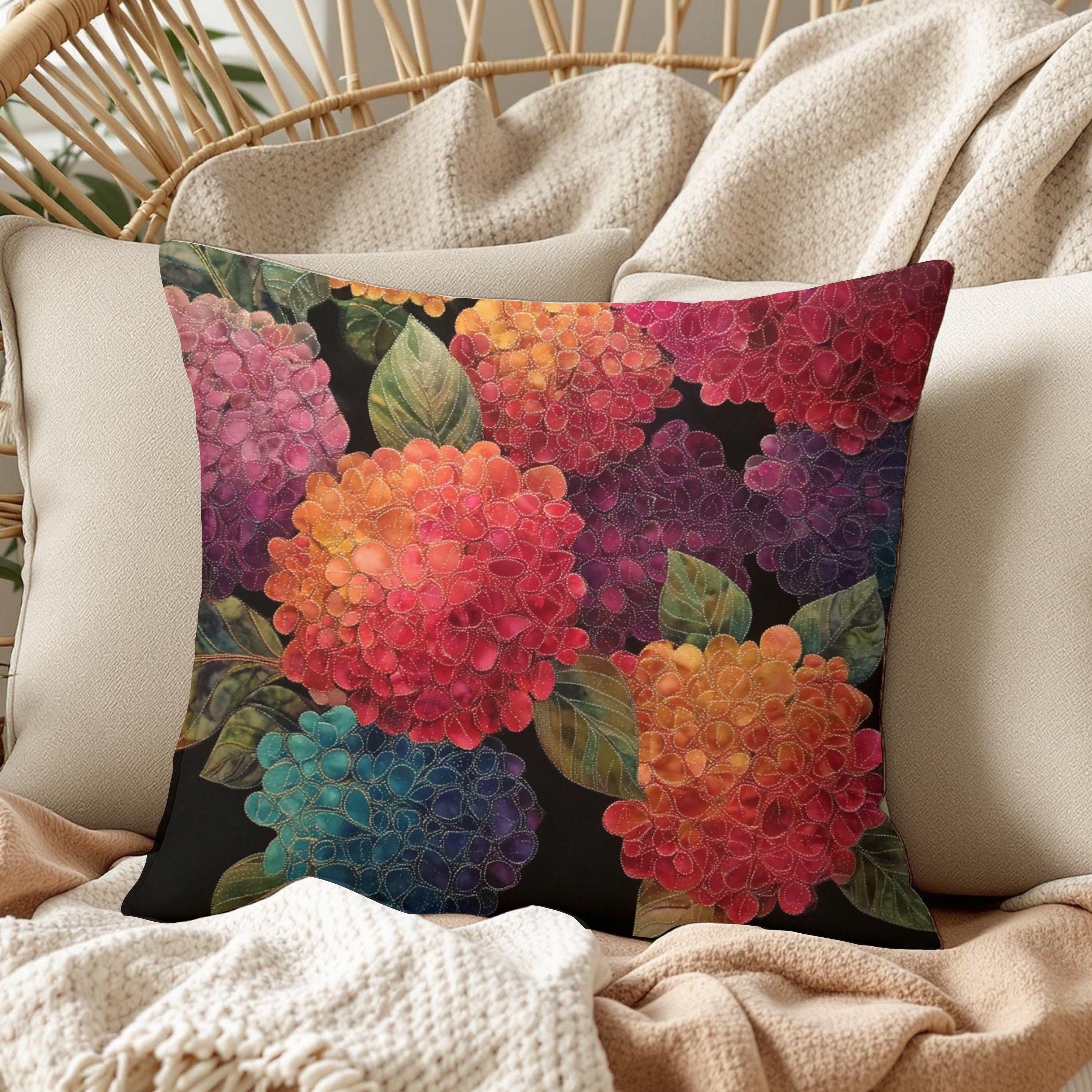 Hydrangea Throw Pillow, Embroidered Look Floral Cushion Cover, Colorful Botanical Pillowcase, Cottagecore Farmhouse Decor Accent