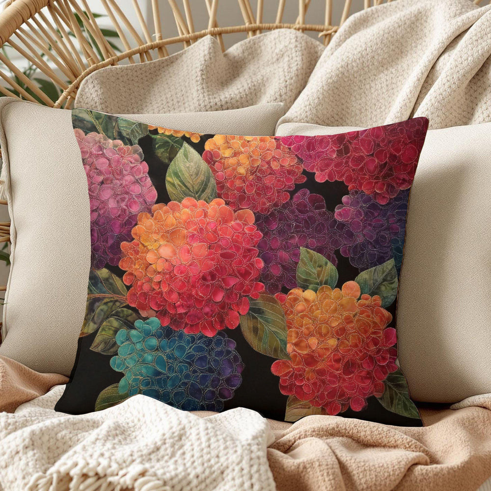 Hydrangea Throw Pillow, Embroidered Look Floral Cushion Cover, Colorful Botanical Pillowcase, Cottagecore Farmhouse Decor Accent