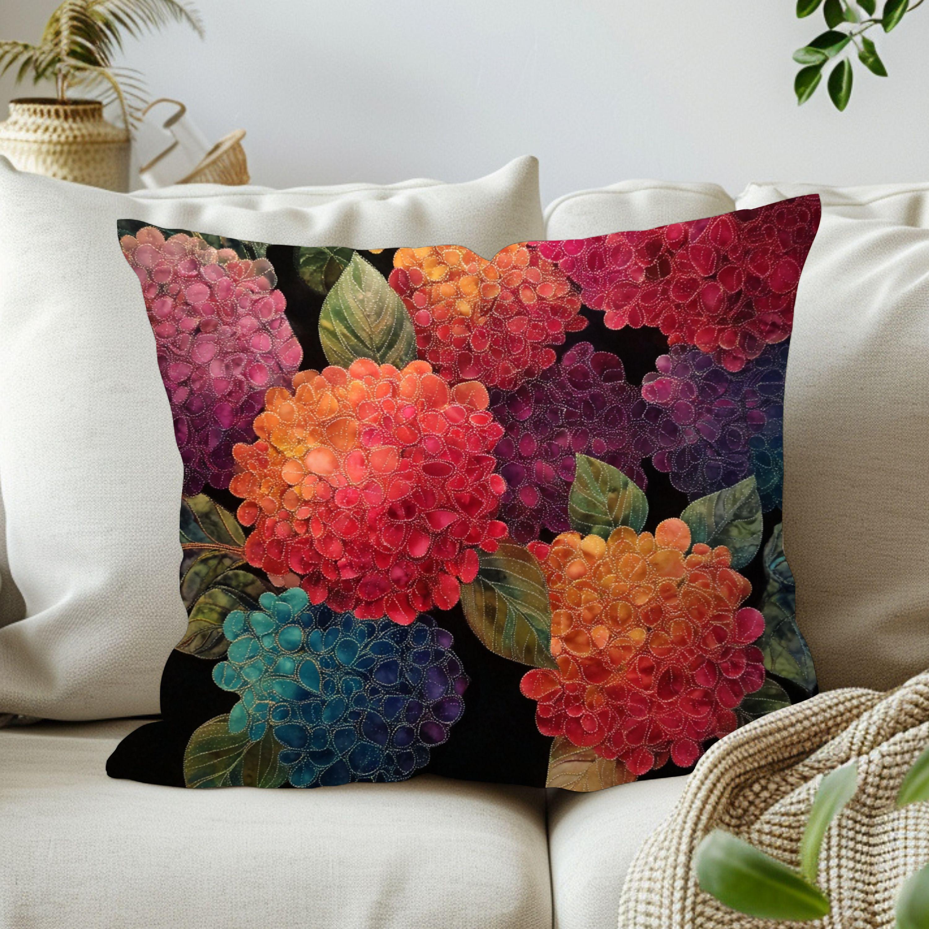 Hydrangea Throw Pillow, Embroidered Look Floral Cushion Cover, Colorful Botanical Pillowcase, Cottagecore Farmhouse Decor Accent