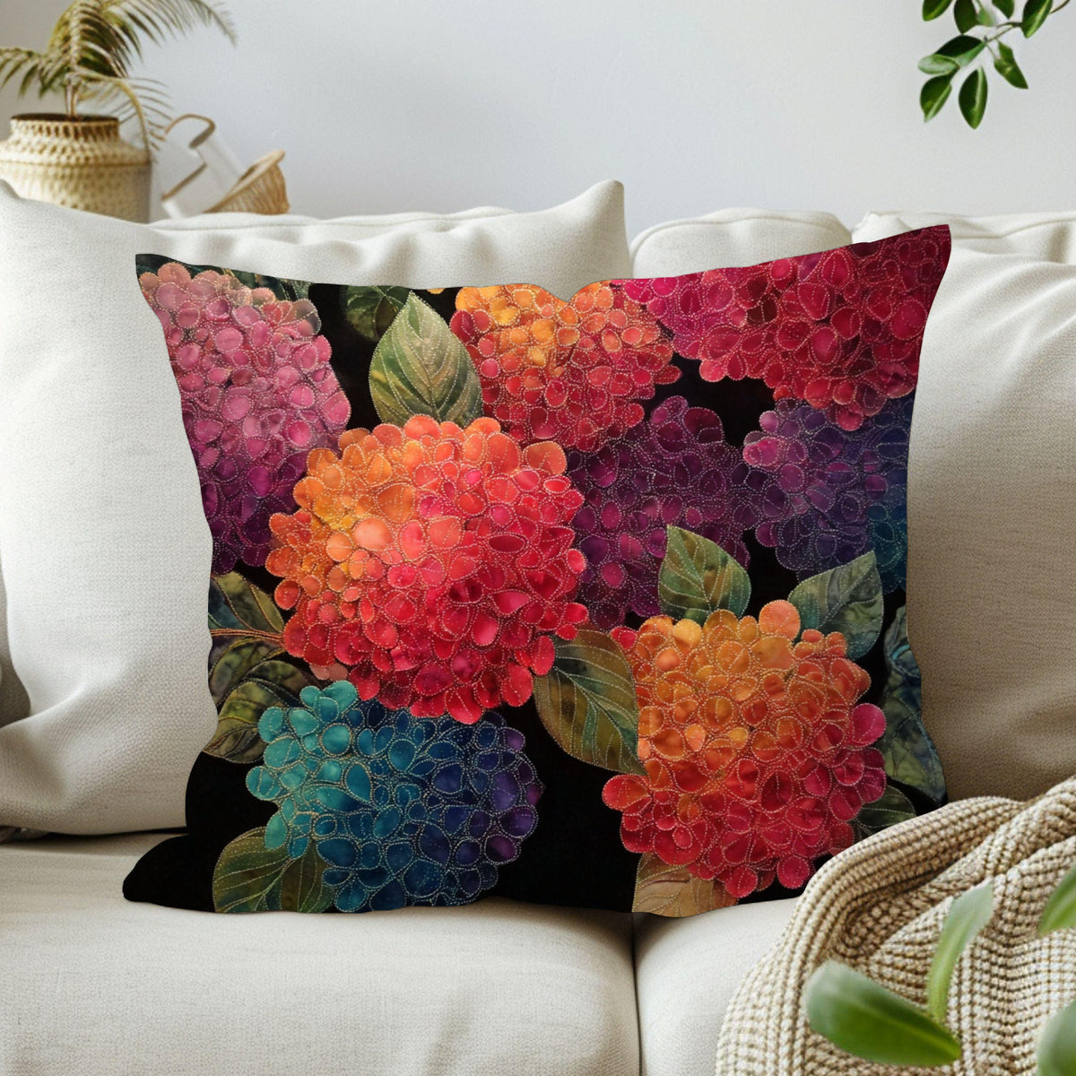 Hydrangea Throw Pillow, Embroidered Look Floral Cushion Cover, Colorful Botanical Pillowcase, Cottagecore Farmhouse Decor Accent