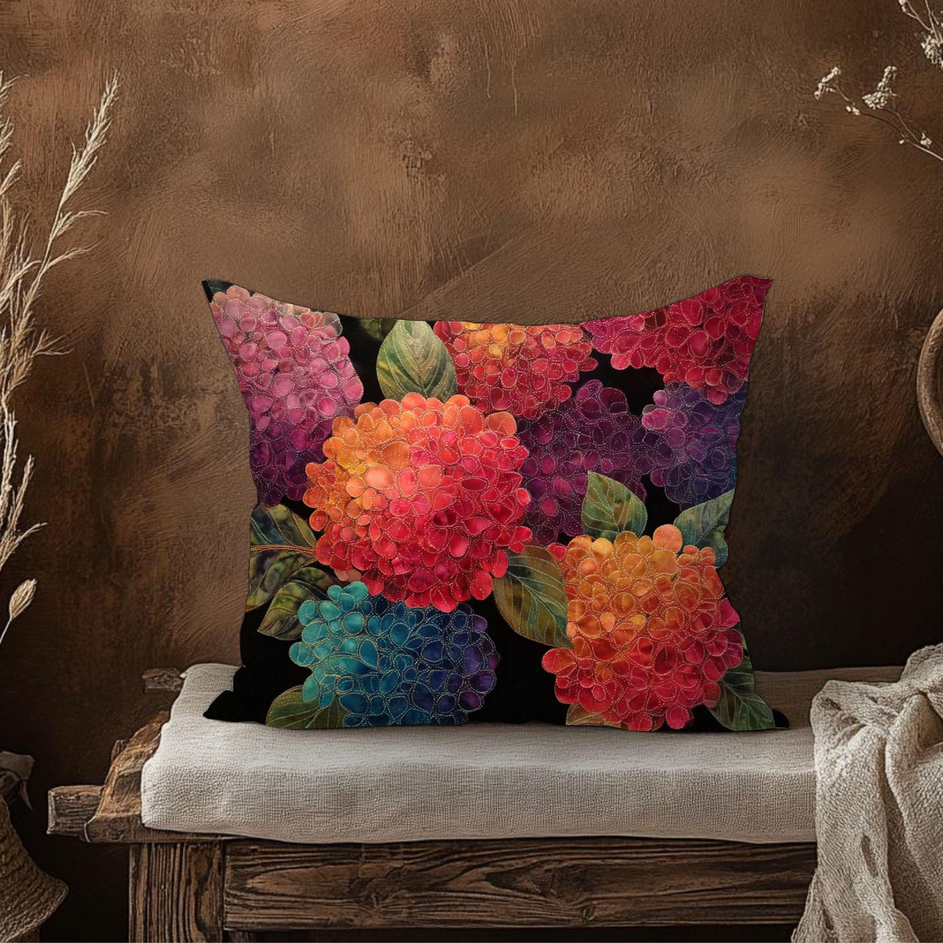 Hydrangea Throw Pillow, Embroidered Look Floral Cushion Cover, Colorful Botanical Pillowcase, Cottagecore Farmhouse Decor Accent