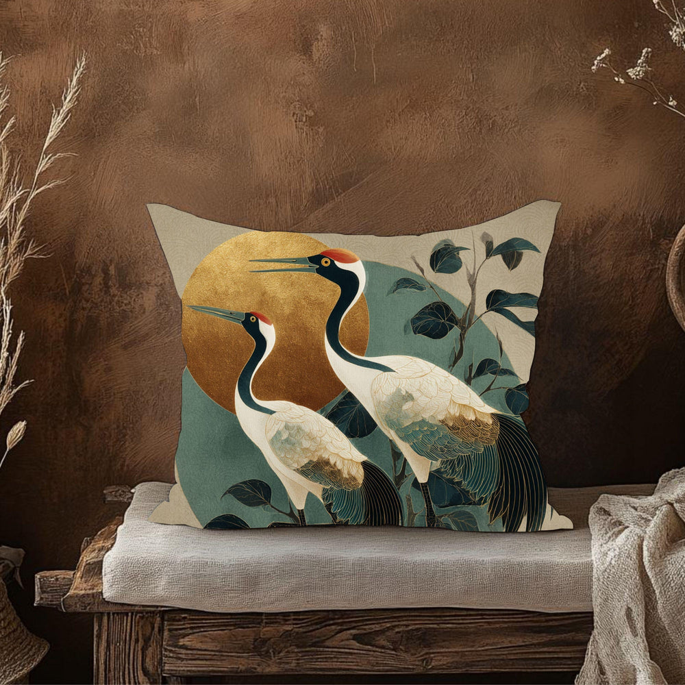 Japandi Coastal Throw Pillow, Japanese Sun Cushion Cover, Elegant Zen Pillowcase, Crane Bird Botanical Home Decor Accent