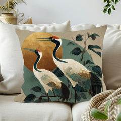 Japandi Coastal Throw Pillow, Japanese Sun Cushion Cover, Elegant Zen Pillowcase, Crane Bird Botanical Home Decor Accent