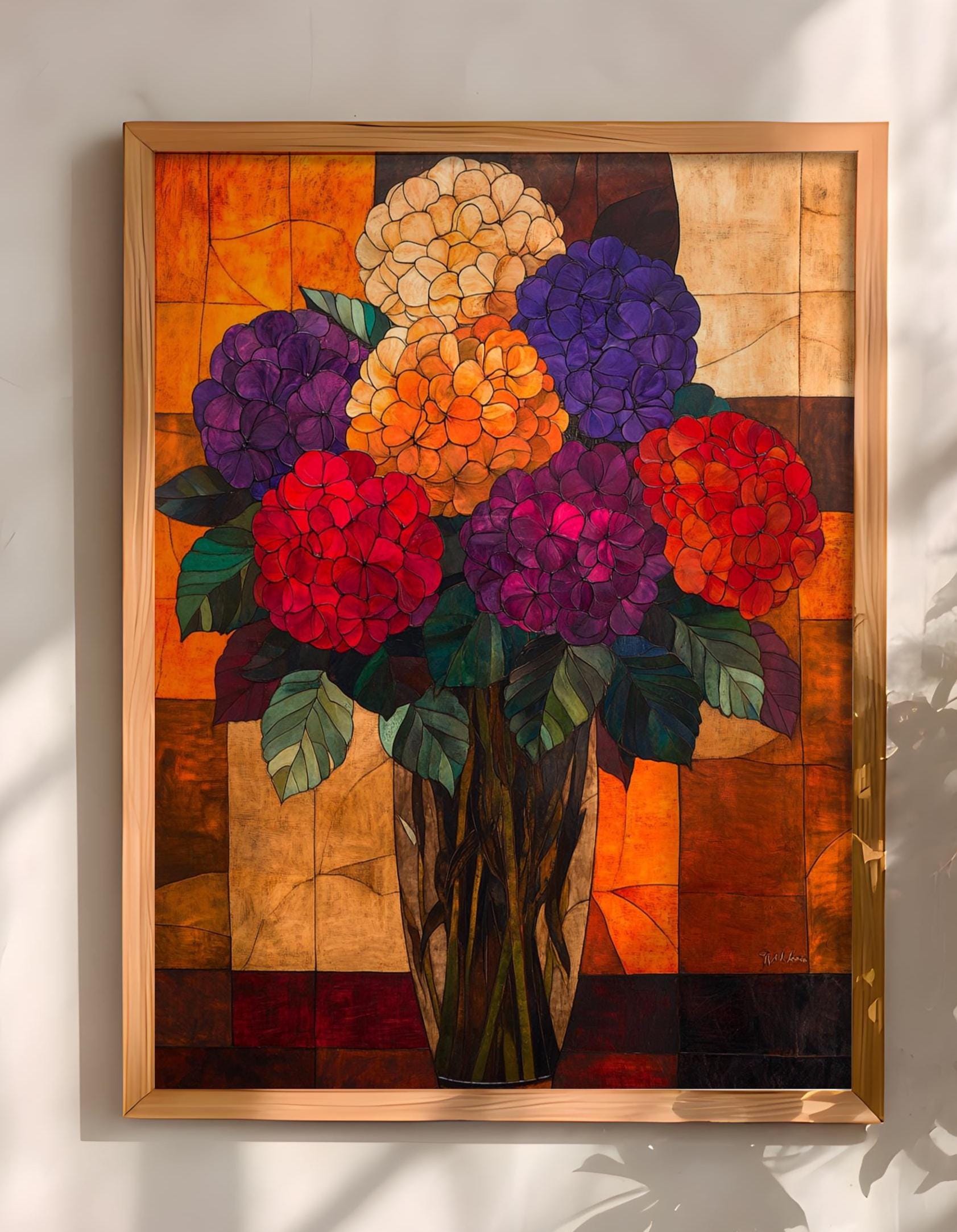 Hydrangea Floral Wall Art, Vibrant Botanical Vase Print, Vintage Inspired Framed Canvas, Bold Cottage Garden Home Decor