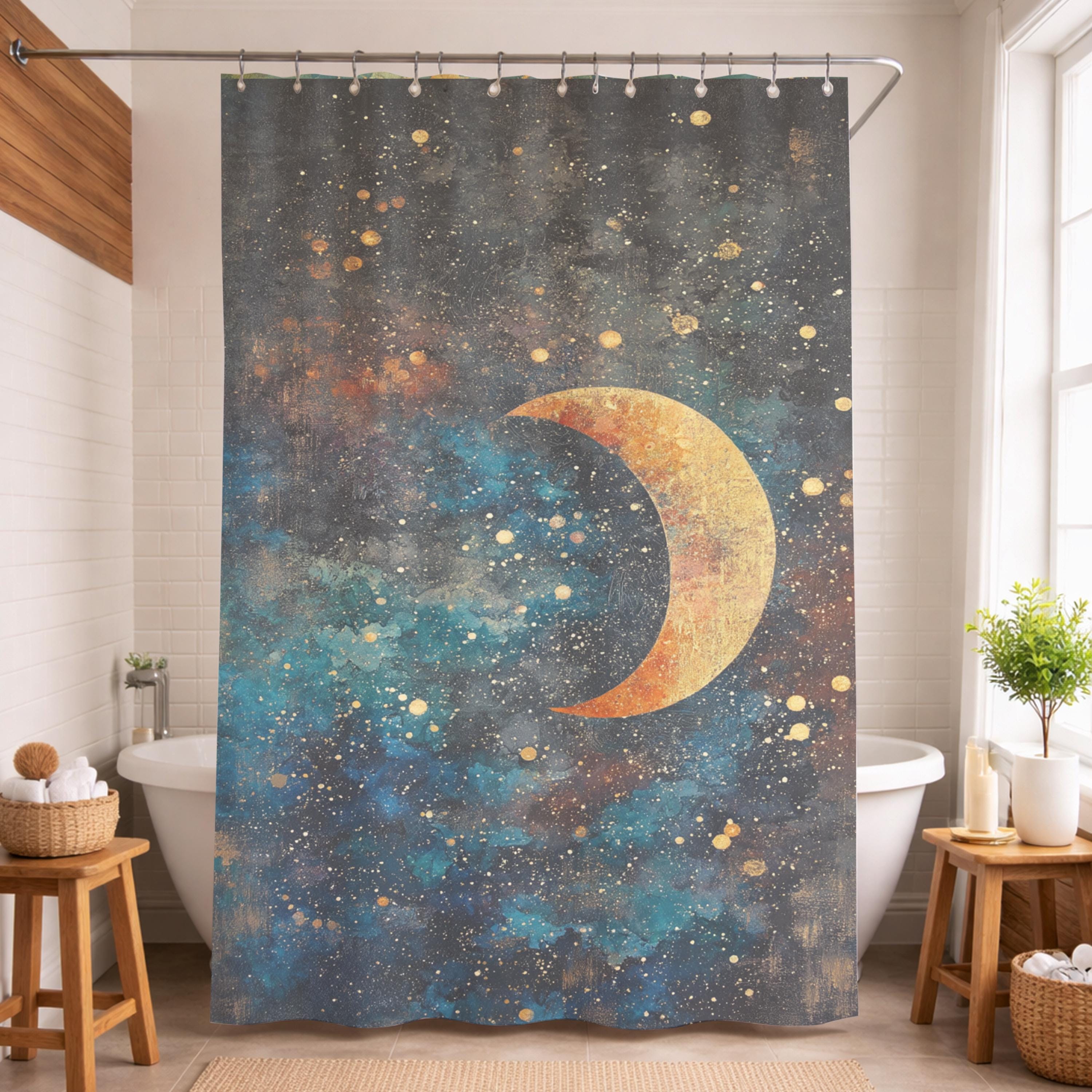Celestial Moon Shower Curtain, Starry Night Bathroom Decor, Boho Galaxy Bath Panel, Mystical Space Curtain, Cosmic Lover Gift