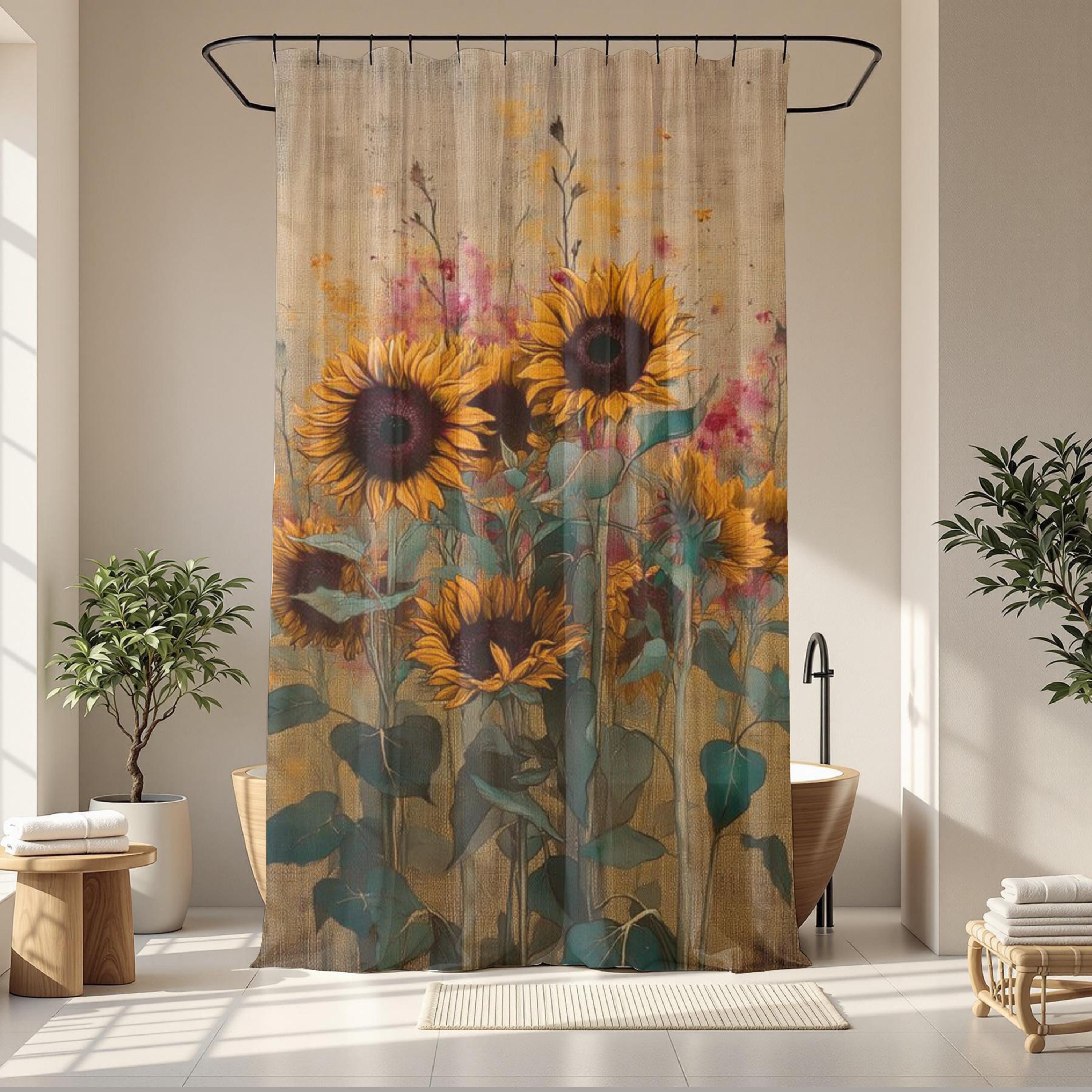 Rustic Sunflower Shower Curtain, Soft Floral Bathroom Decor, Vintage Farmhouse Bath Panel, Yellow Flower Curtain Gift