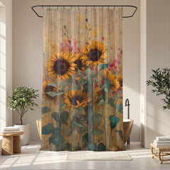Rustic Sunflower Shower Curtain, Soft Floral Bathroom Decor, Vintage Farmhouse Bath Panel, Yellow Flower Curtain Gift