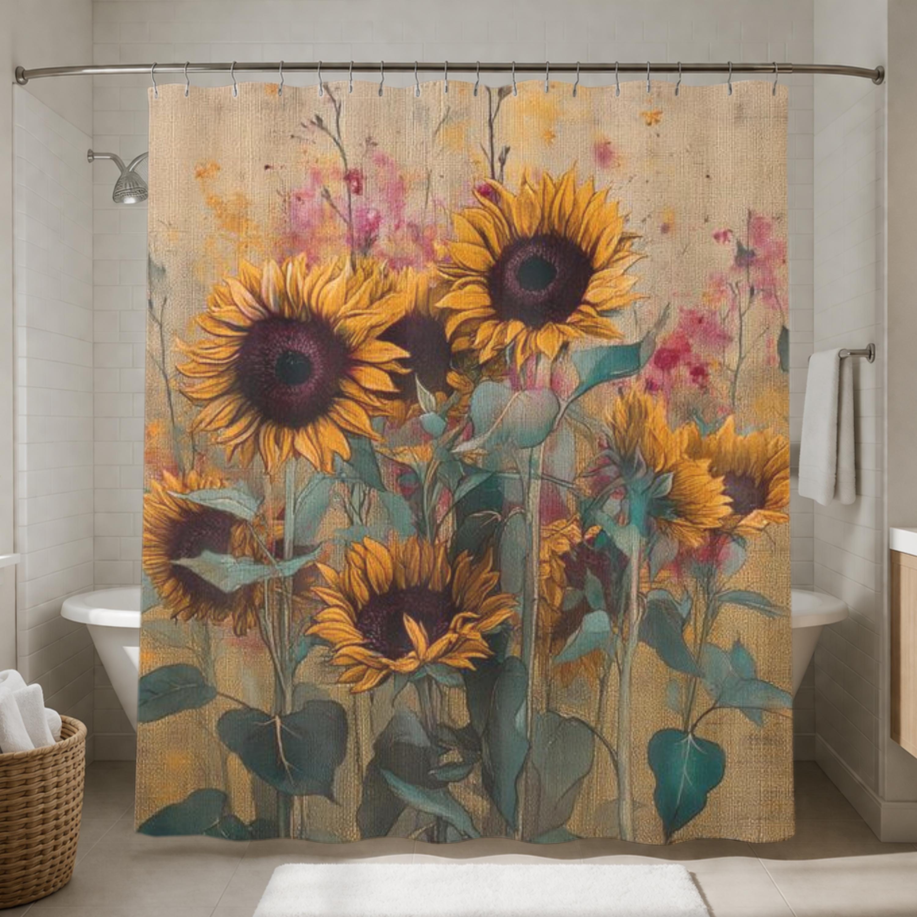 Rustic Sunflower Shower Curtain, Soft Floral Bathroom Decor, Vintage Farmhouse Bath Panel, Yellow Flower Curtain Gift