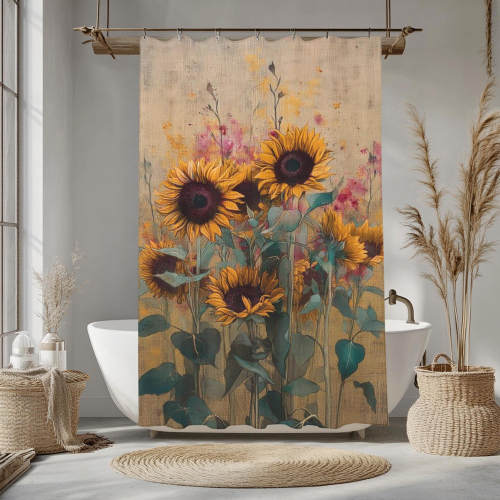 Rustic Sunflower Shower Curtain, Soft Floral Bathroom Decor, Vintage Farmhouse Bath Panel, Yellow Flower Curtain Gift