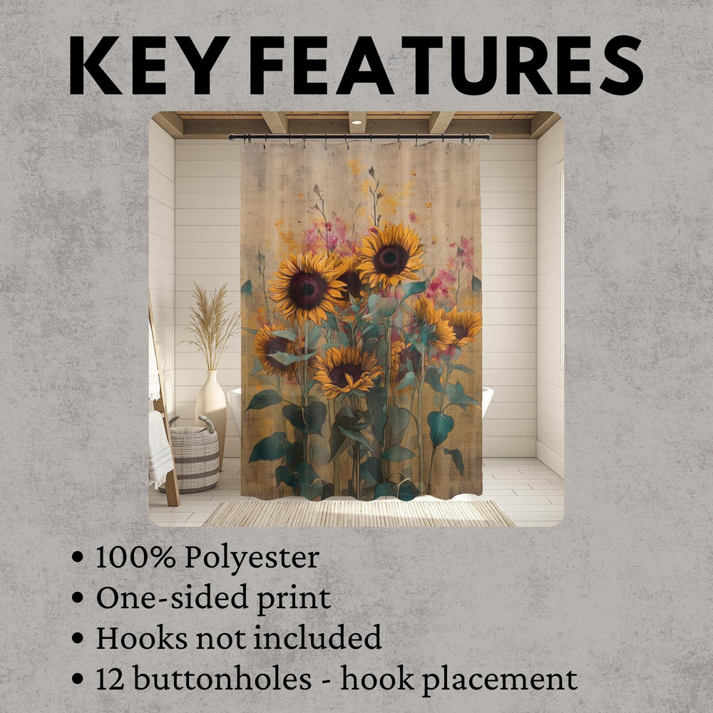 Rustic Sunflower Shower Curtain, Soft Floral Bathroom Decor, Vintage Farmhouse Bath Panel, Yellow Flower Curtain Gift
