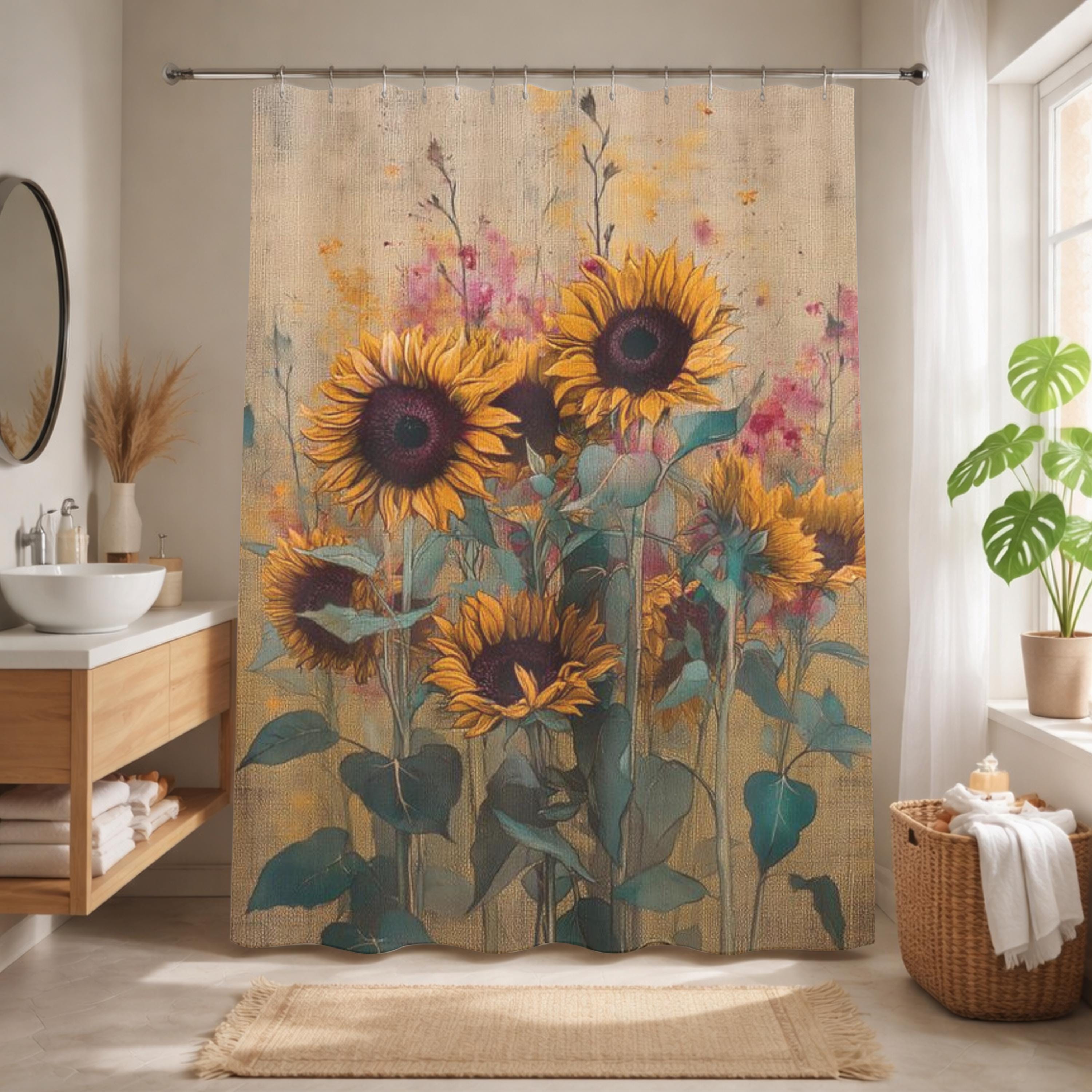 Rustic Sunflower Shower Curtain, Soft Floral Bathroom Decor, Vintage Farmhouse Bath Panel, Yellow Flower Curtain Gift