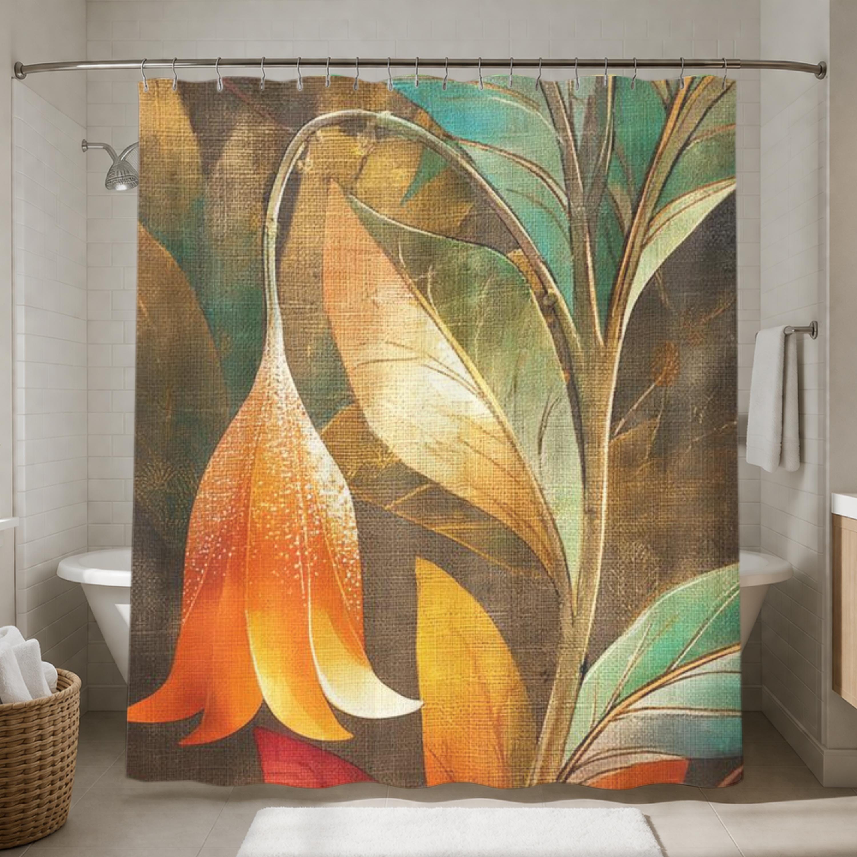 Art Nouveau Floral Shower Curtain, Moody Botanical Bathroom Decor, Orange Flower Bath Panel, Vintage Dark Nature Curtain Gift