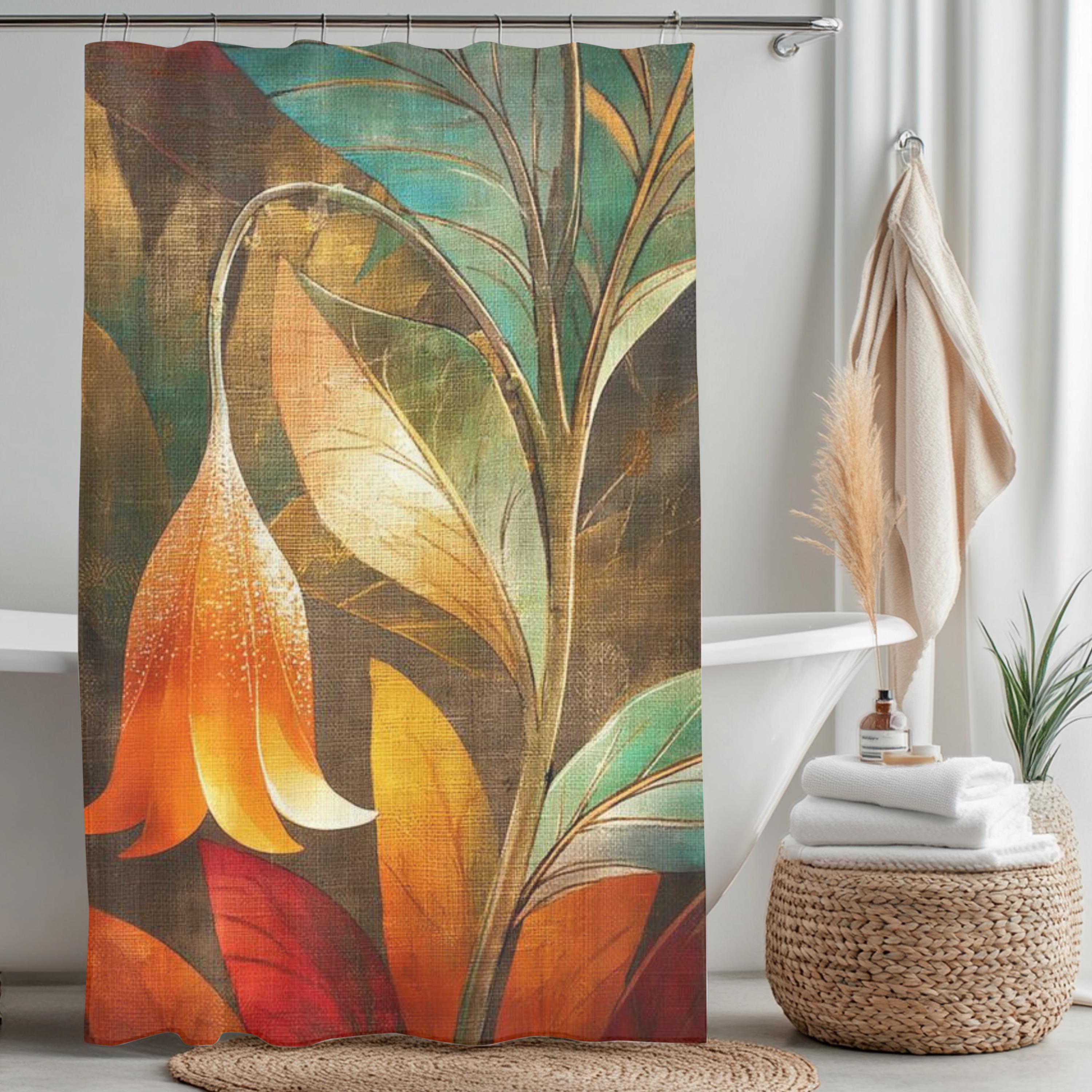 Art Nouveau Floral Shower Curtain, Moody Botanical Bathroom Decor, Orange Flower Bath Panel, Vintage Dark Nature Curtain Gift