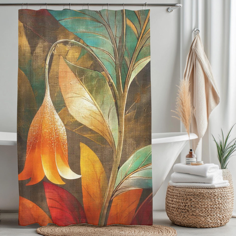 Art Nouveau Floral Shower Curtain, Moody Botanical Bathroom Decor, Orange Flower Bath Panel, Vintage Dark Nature Curtain Gift