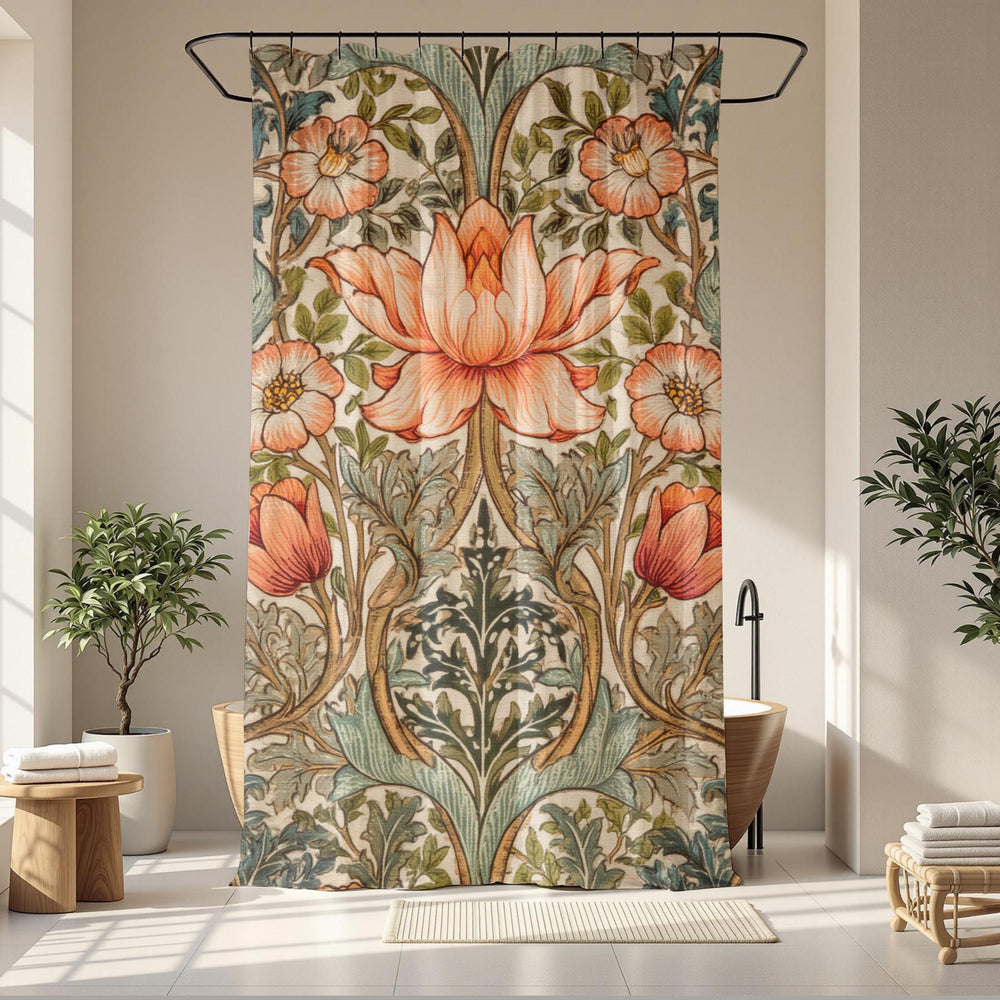 William Morris Style Shower Curtain, Vintage Botanical Bathroom Decor, Floral Pattern Bath Panel, Cottagecore Curtain Gift